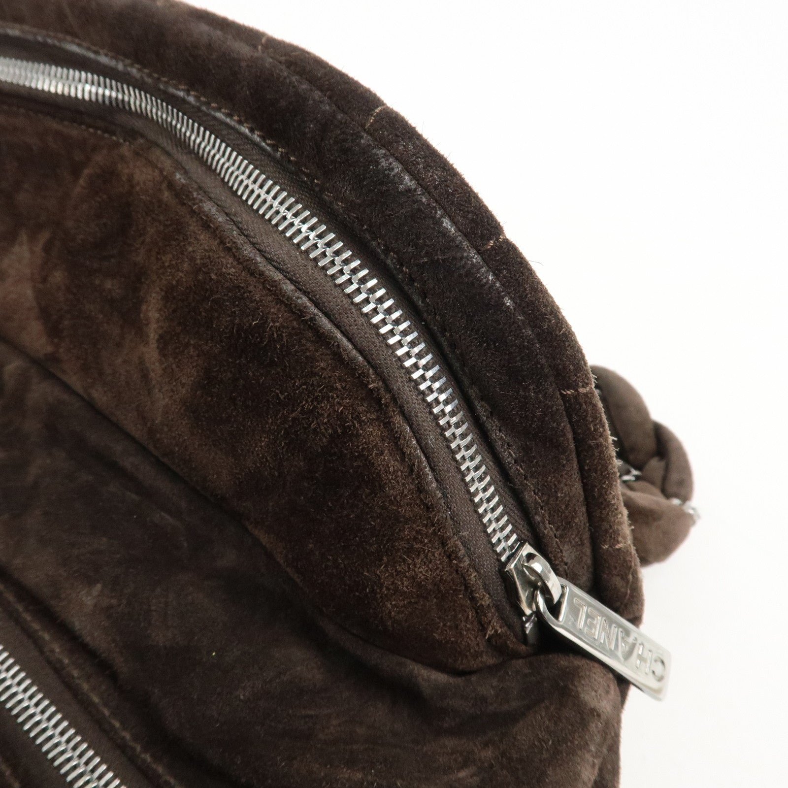 CHANEL Matelasse Suede Boston Bag Brown Silver Hardware Used