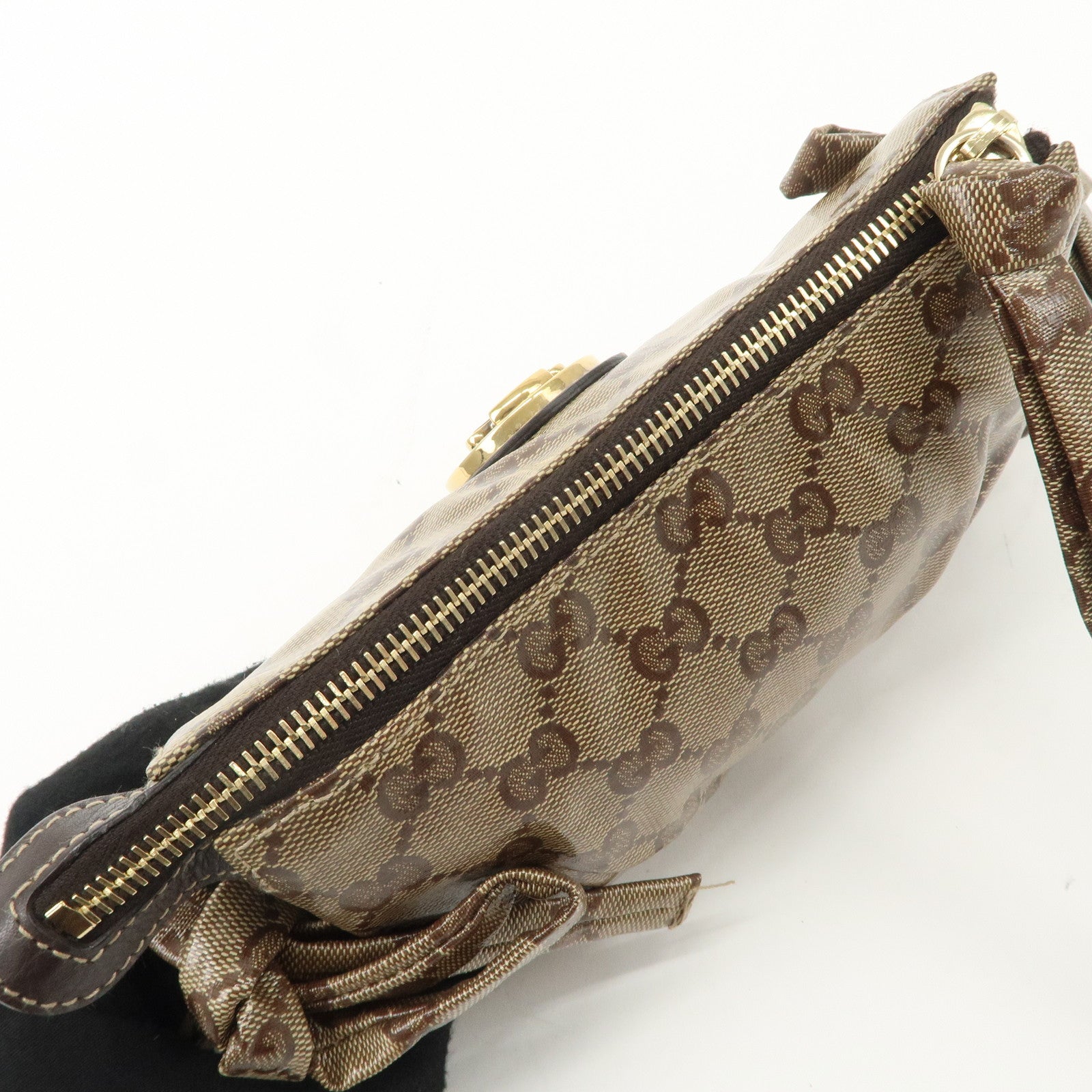 GUCCI Hysteria GG Crystal Leather Pouch Beige Brown 203632 Used