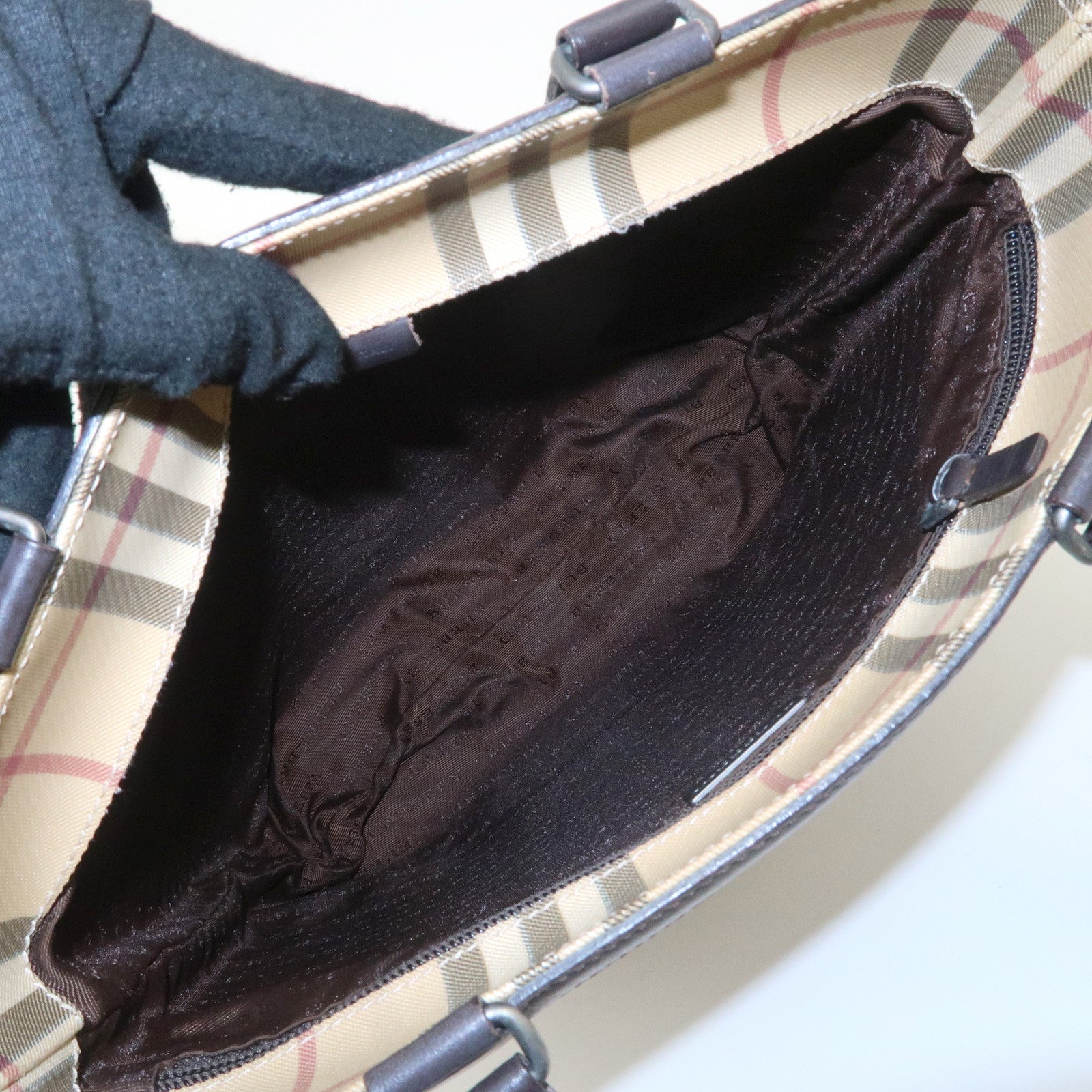 BURBERRY Nova Plaid PVC Leather Tote Bag Beige Brown Used
