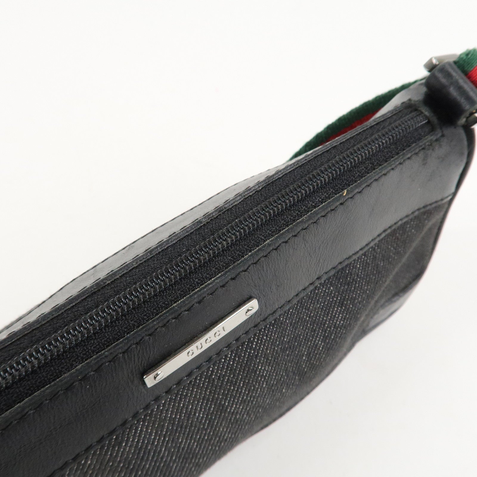 GUCCI Sherry Canvas Leather Accessory Pouch Hand Bag Black 92820 Used