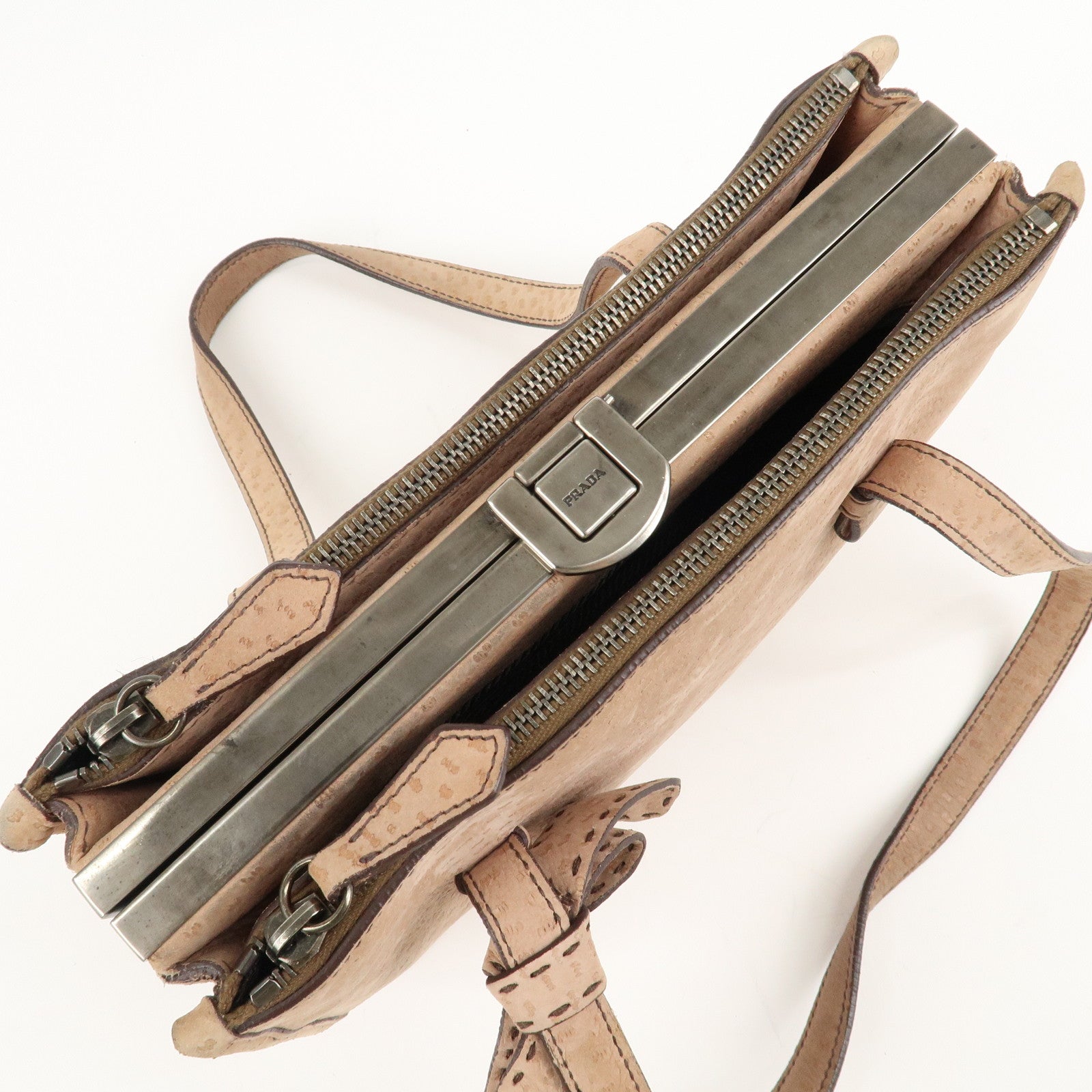 PRADA Logo Suede Clasp Tote Bag Hand Bag Beige BR1935 F/S Used