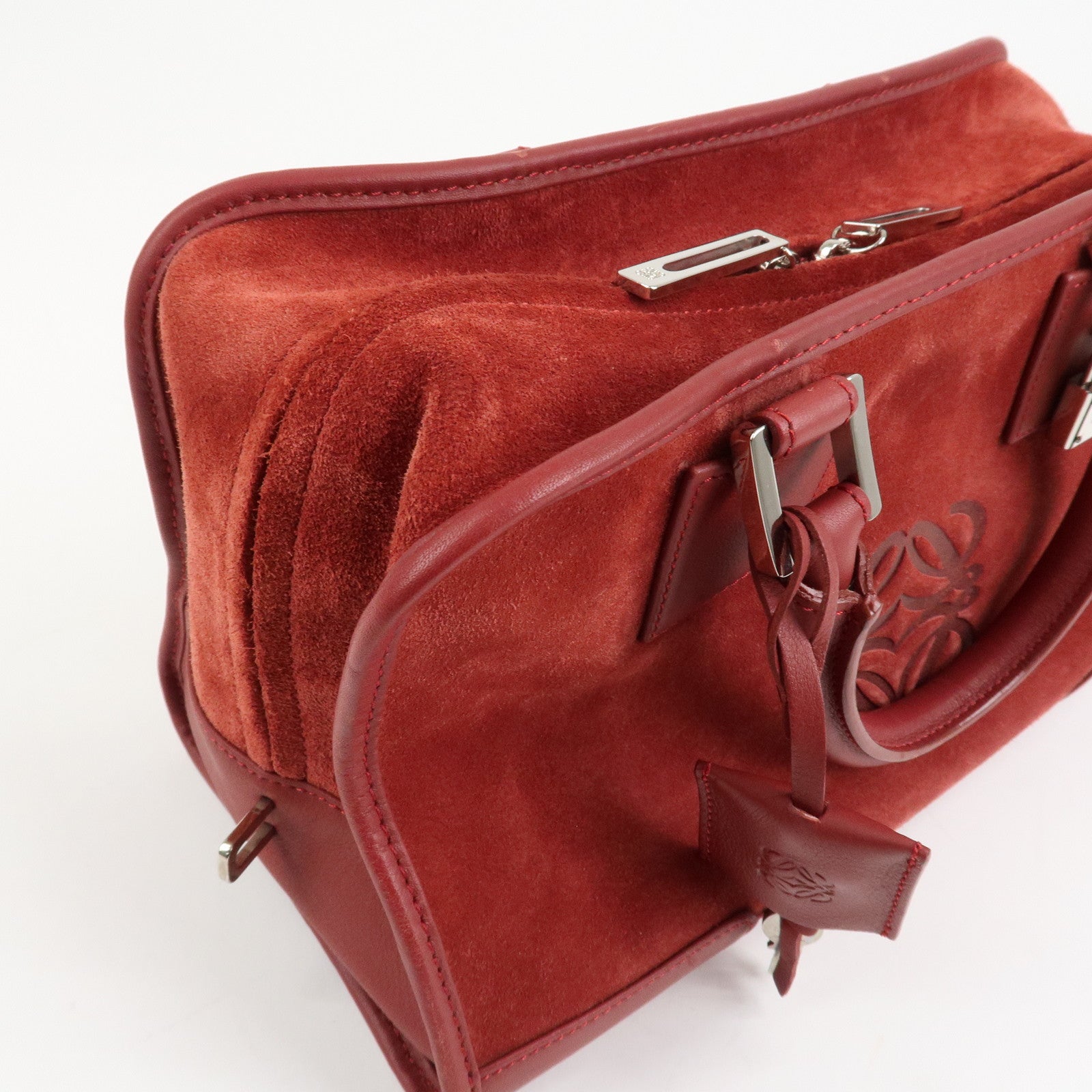 LOEWE Anagram Suede Leather Amazona 28 Hand Bag Red Silver HDW Used