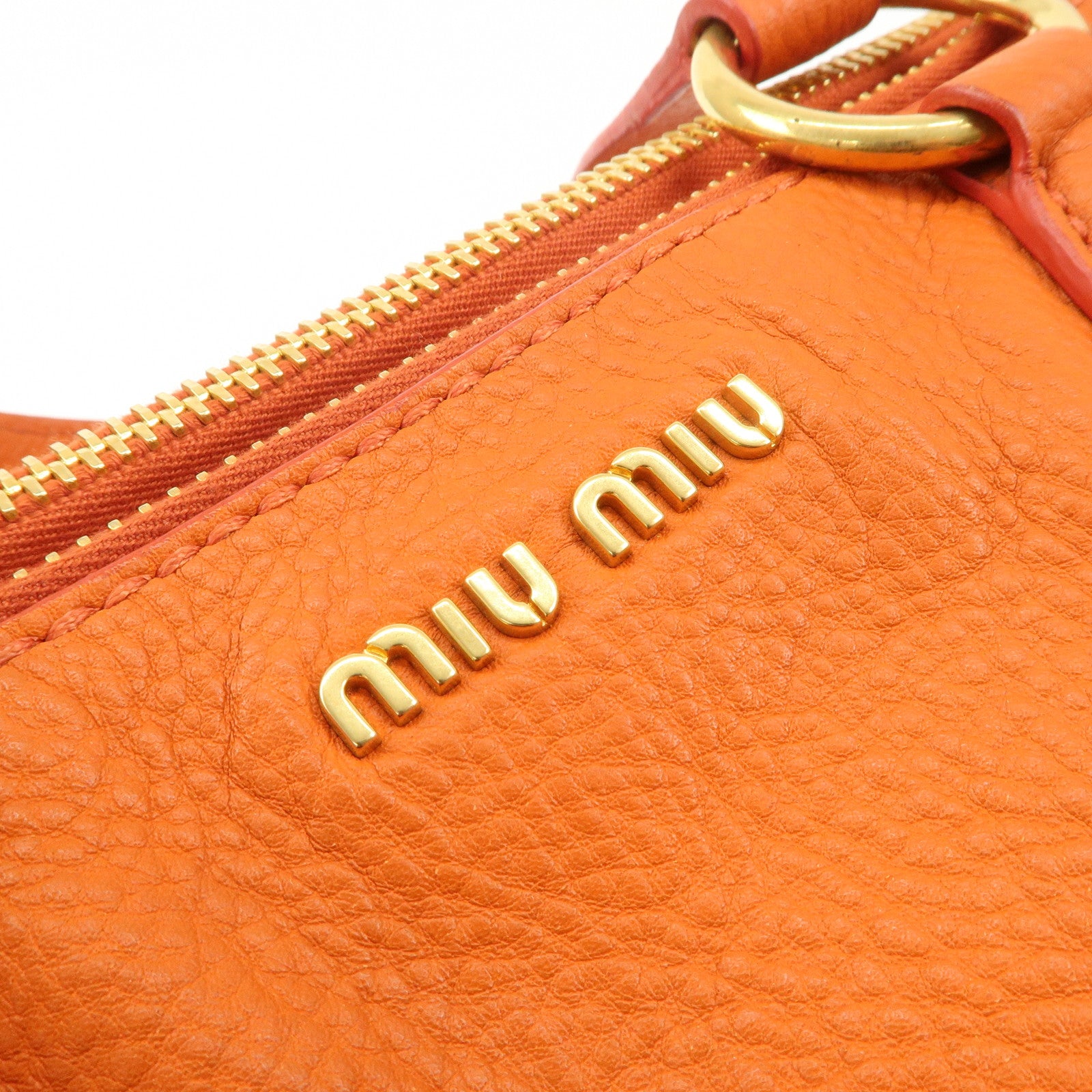 MIU MIU Leather Tote Bag Gold Logo Orange Gold Hardware Used