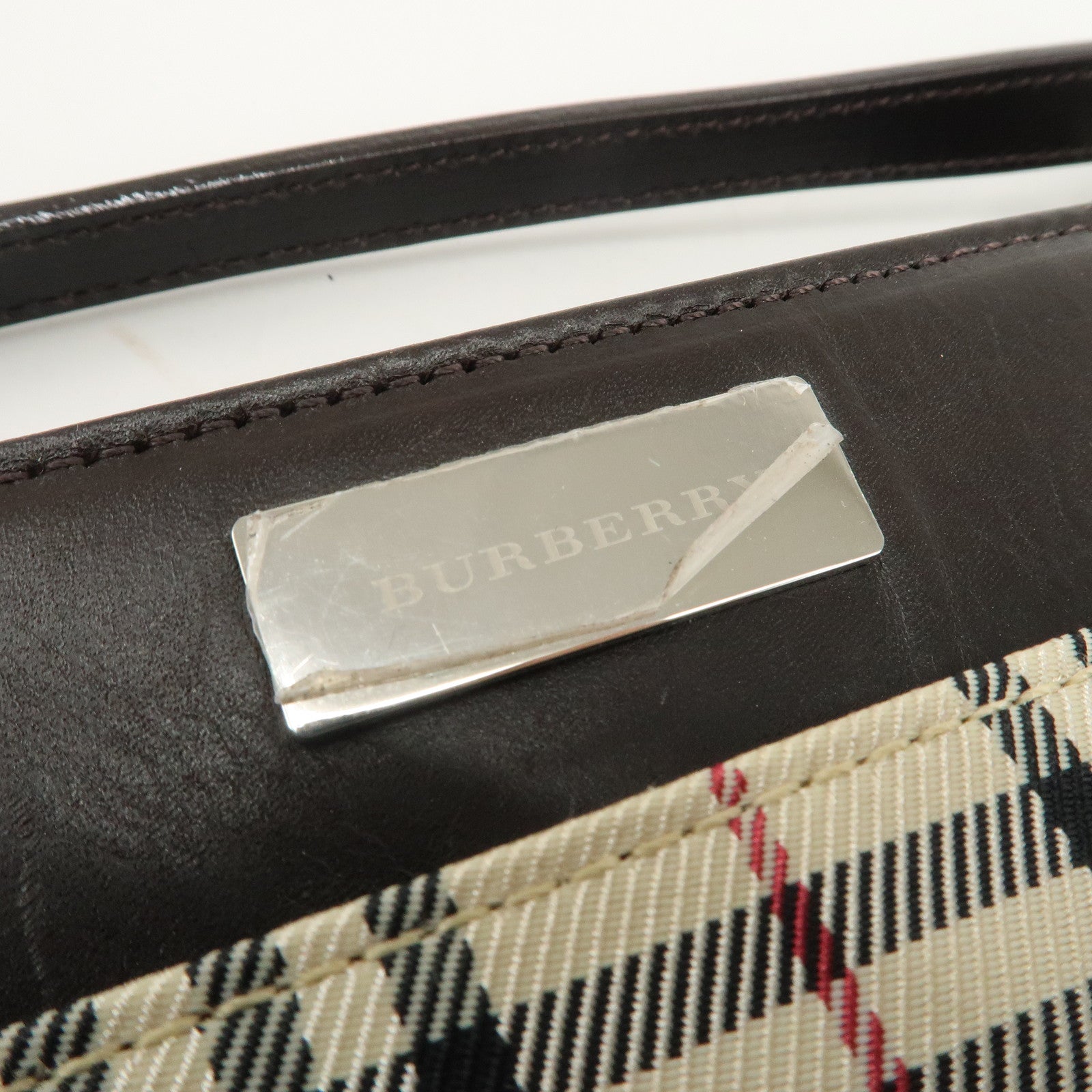 BURBERRY Canvas Leather Shoulder Bag Silver Hardware Used