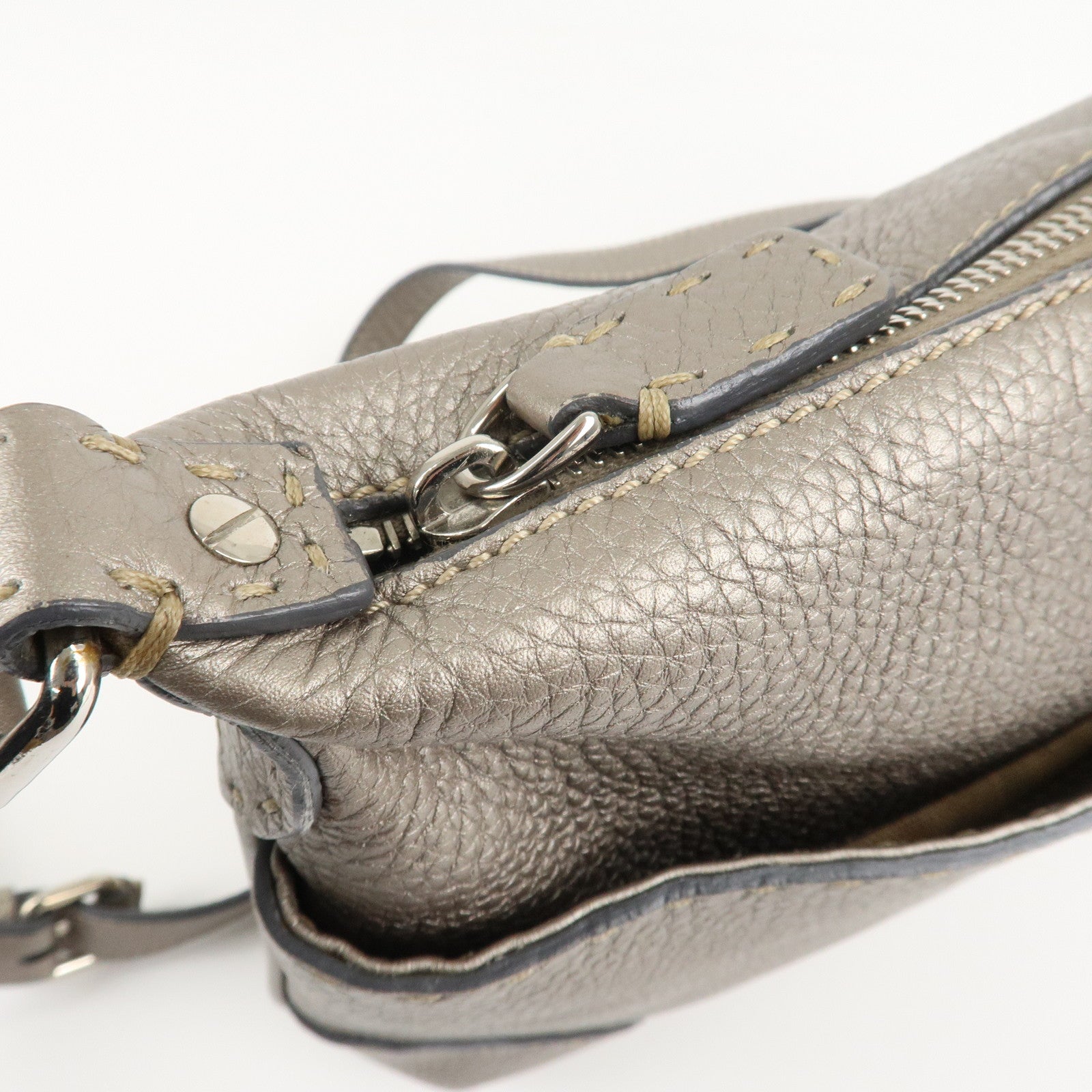 FENDI Selleria Leather Shoulder Bag Silver BT194 Used