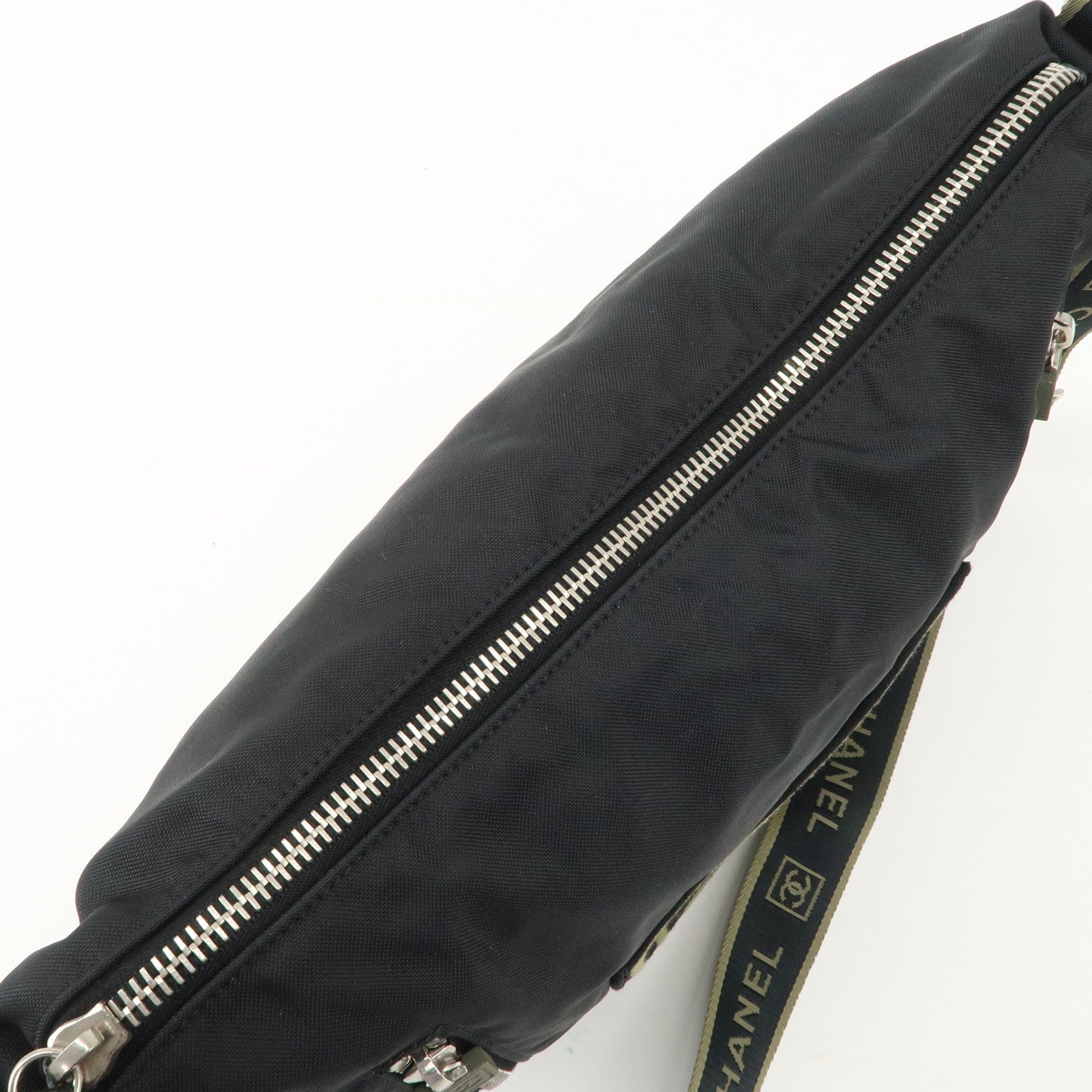 CHANEL Sports Nylon COCO Mark Shoulder Bag Black Khaki Used