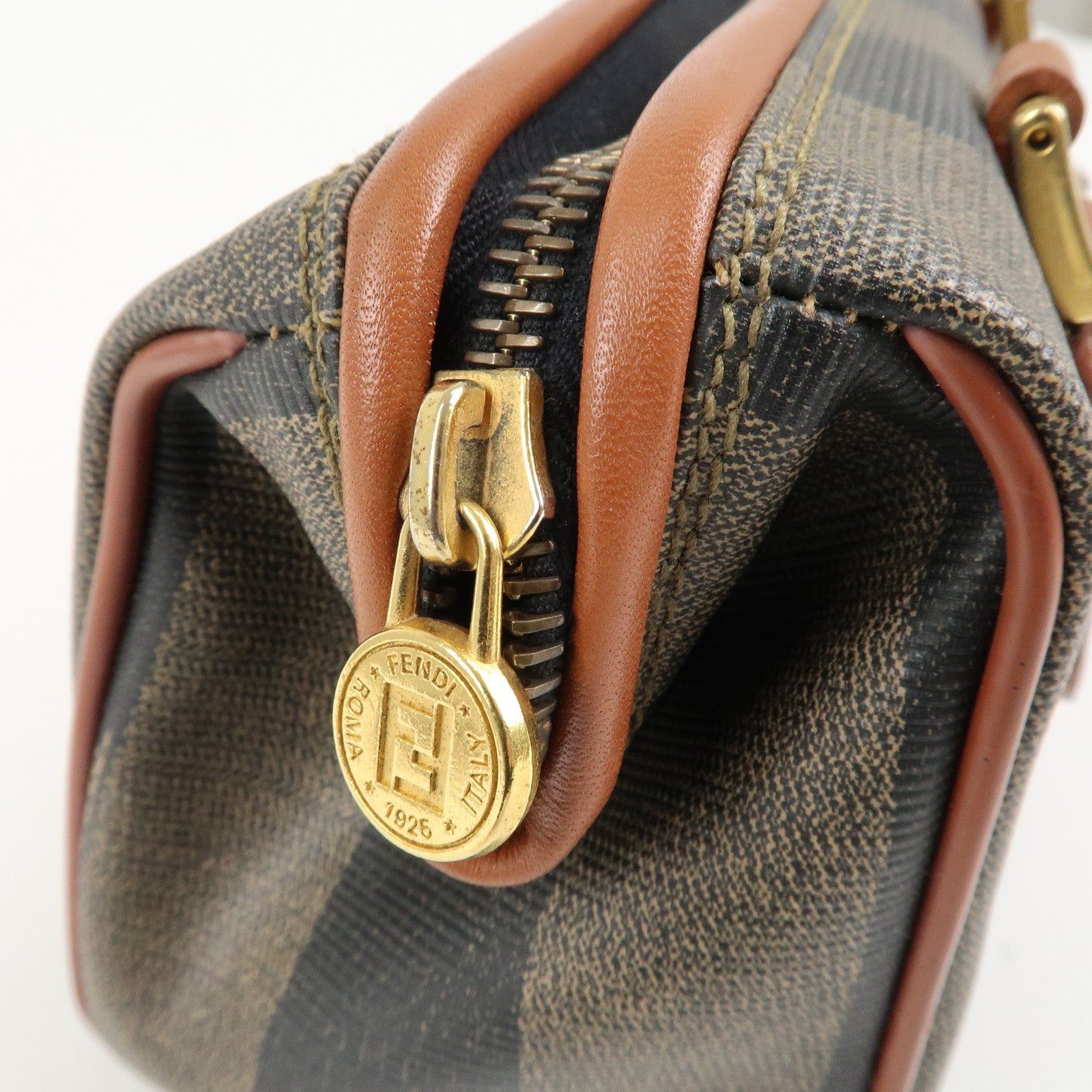 FENDI Pequin PVC Leather Mini Boston Bag Khaki Brown Black Used