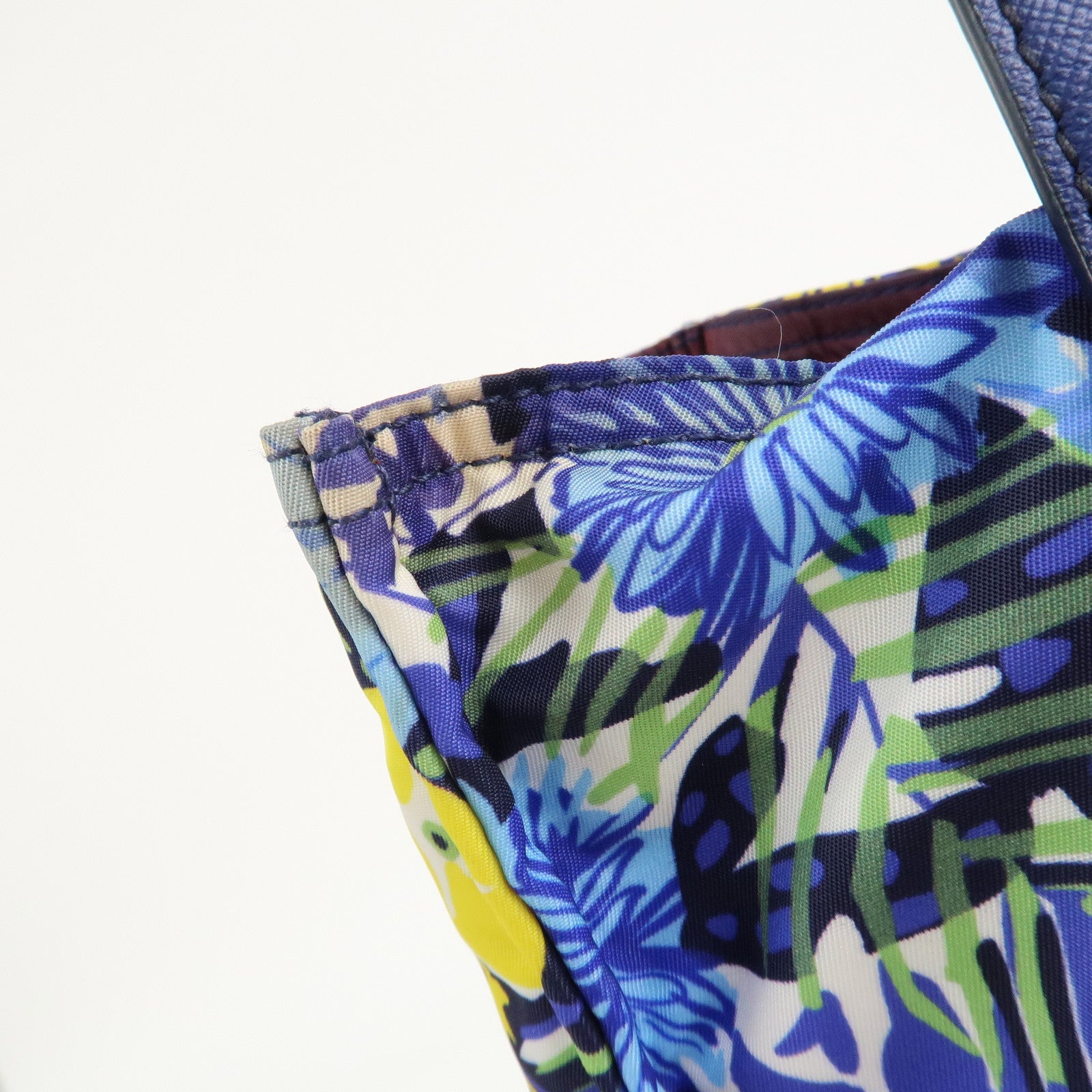 PRADA Logo Nylon Leather Tote Bag Floral Print Blue BN2851 Used