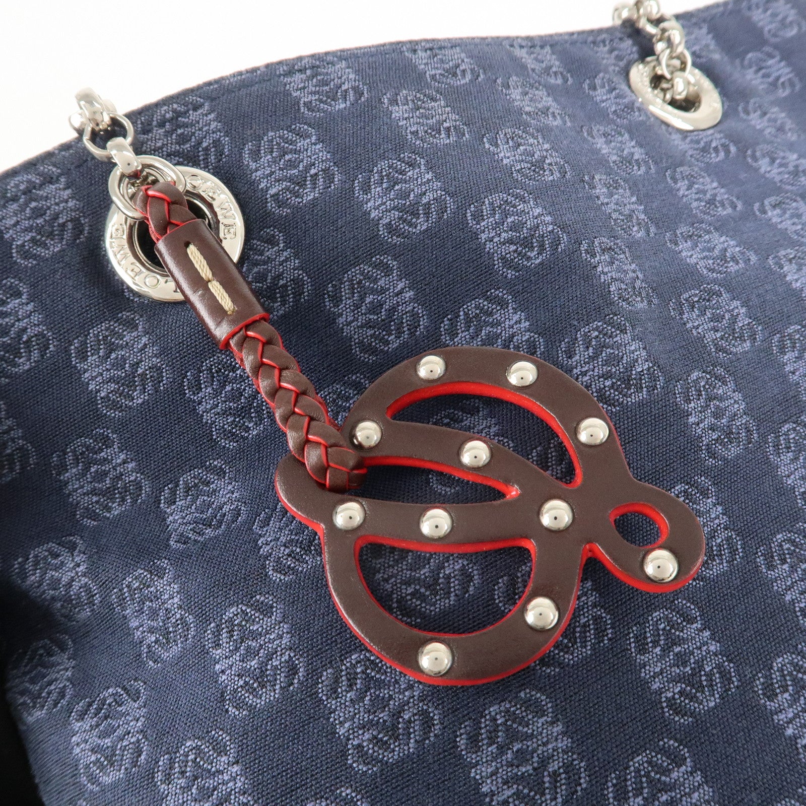 LOEWE Anagram Canvas Leather Chain Tote Bag Shoulder Bag Blue Used