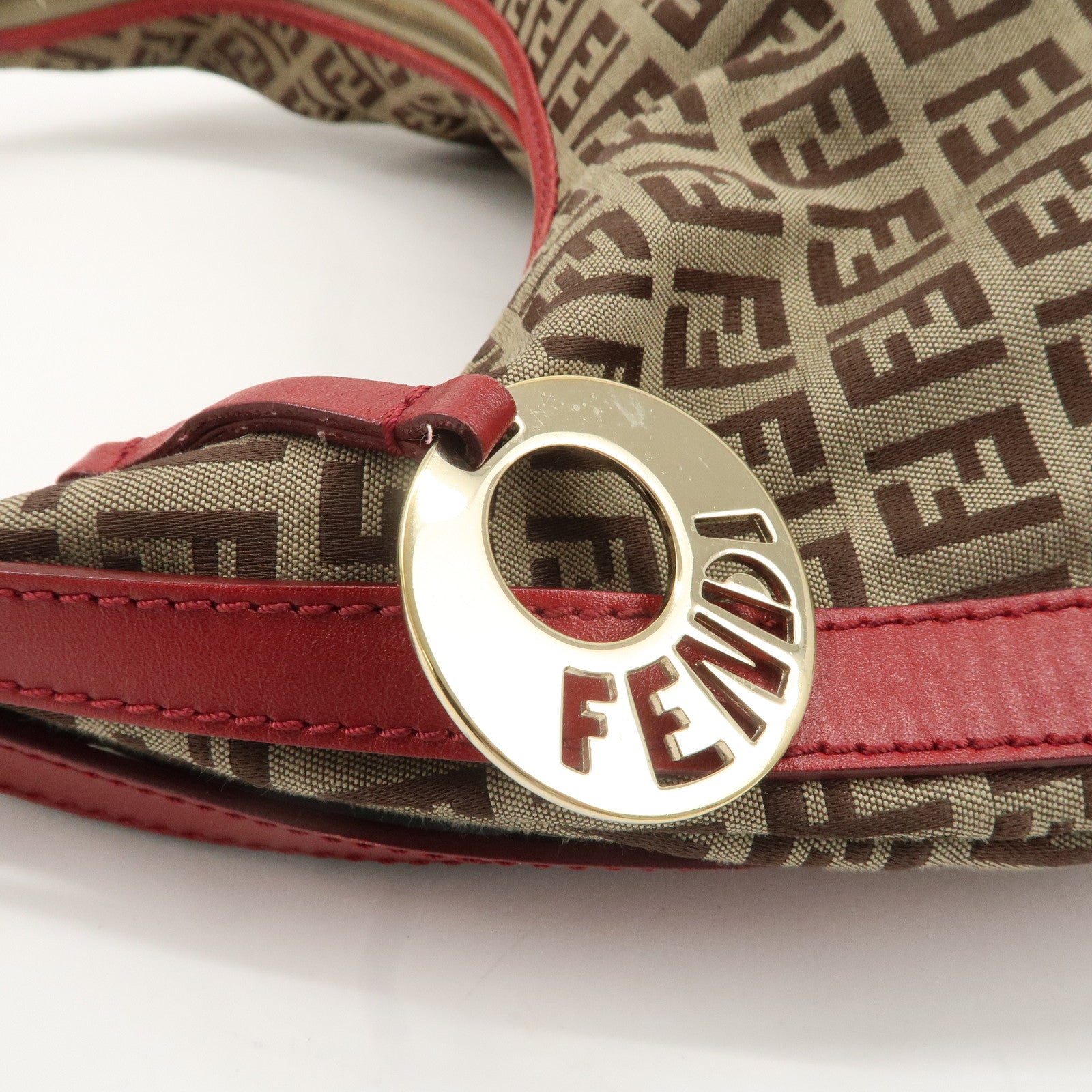 FENDI Zucchino Canvas Leather Shoulder Bag Khaki Brown Red 8BR465 Used