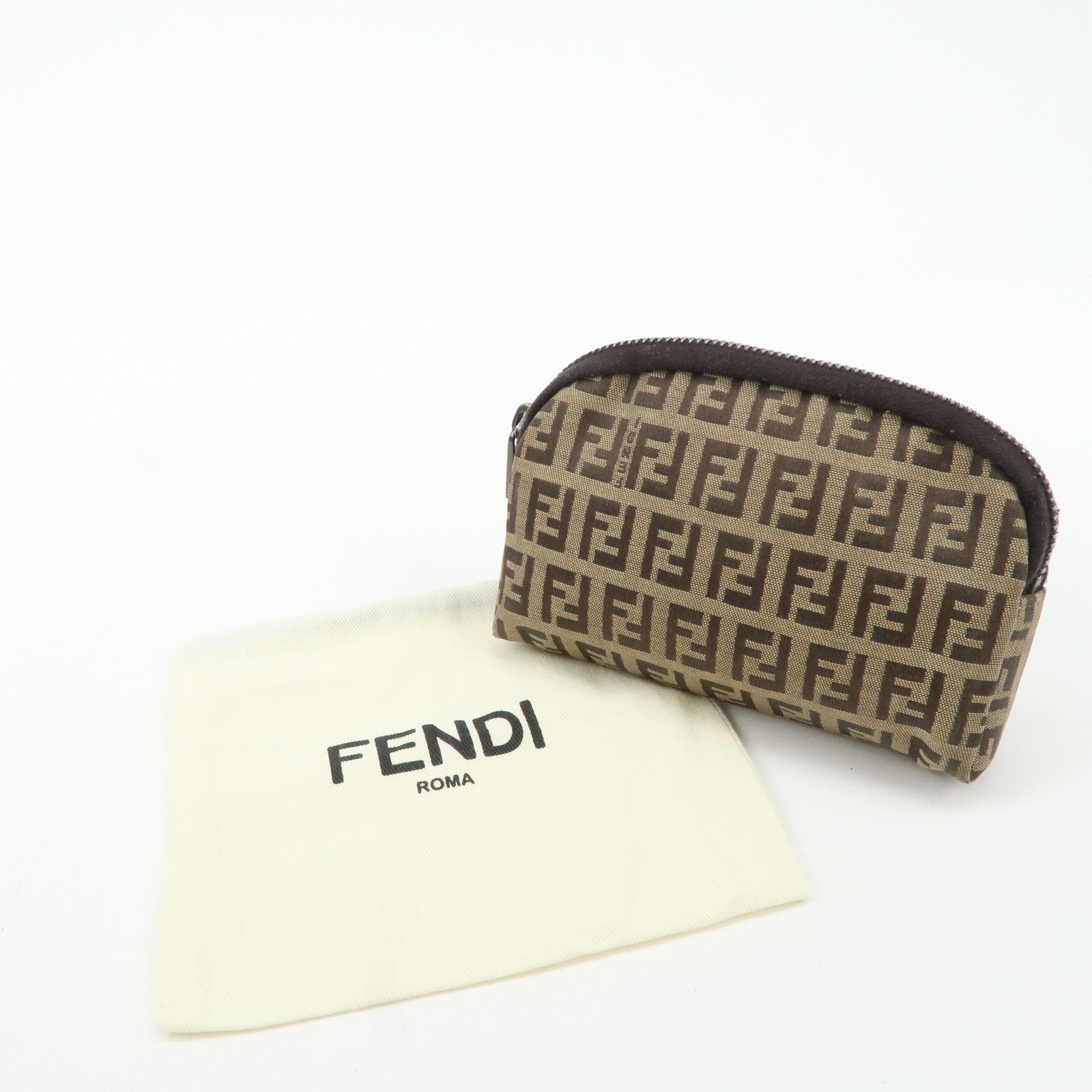 FENDI Zucchino Canvas Mini Pouch Beige Dark Brown 7N0003 Used
