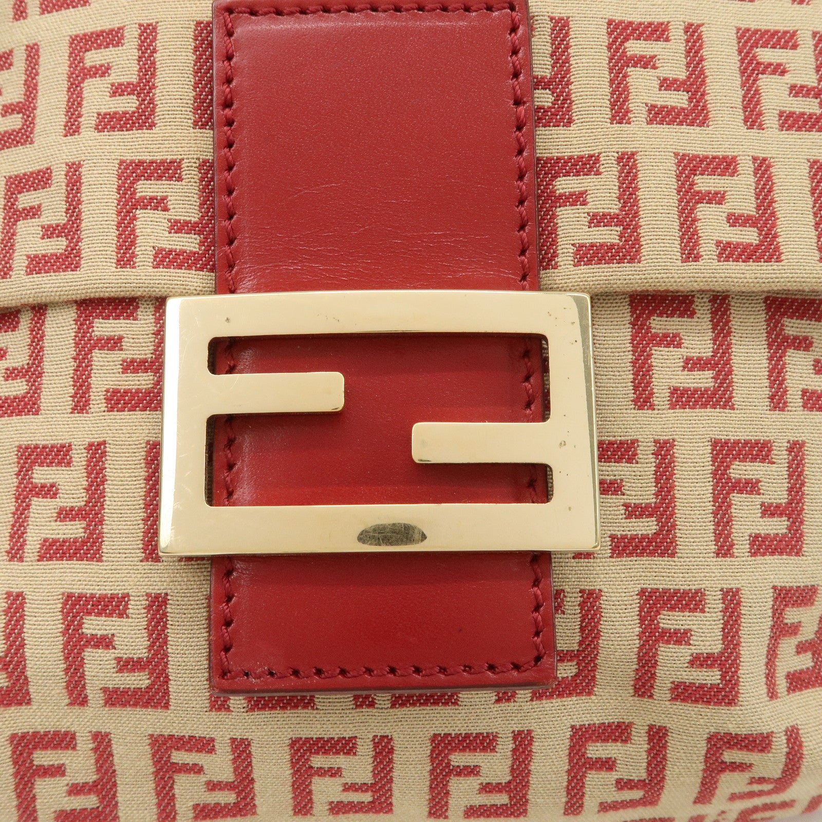 FENDI Zucchino Canvas Leather Shoulder Bag Beige Red 8BT075 Used