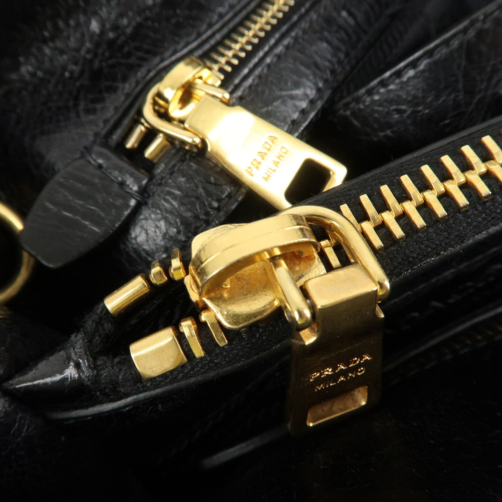 PRADA Leather 2way Bag Hand Bag Shoulder Bag Black Gold HDW Used