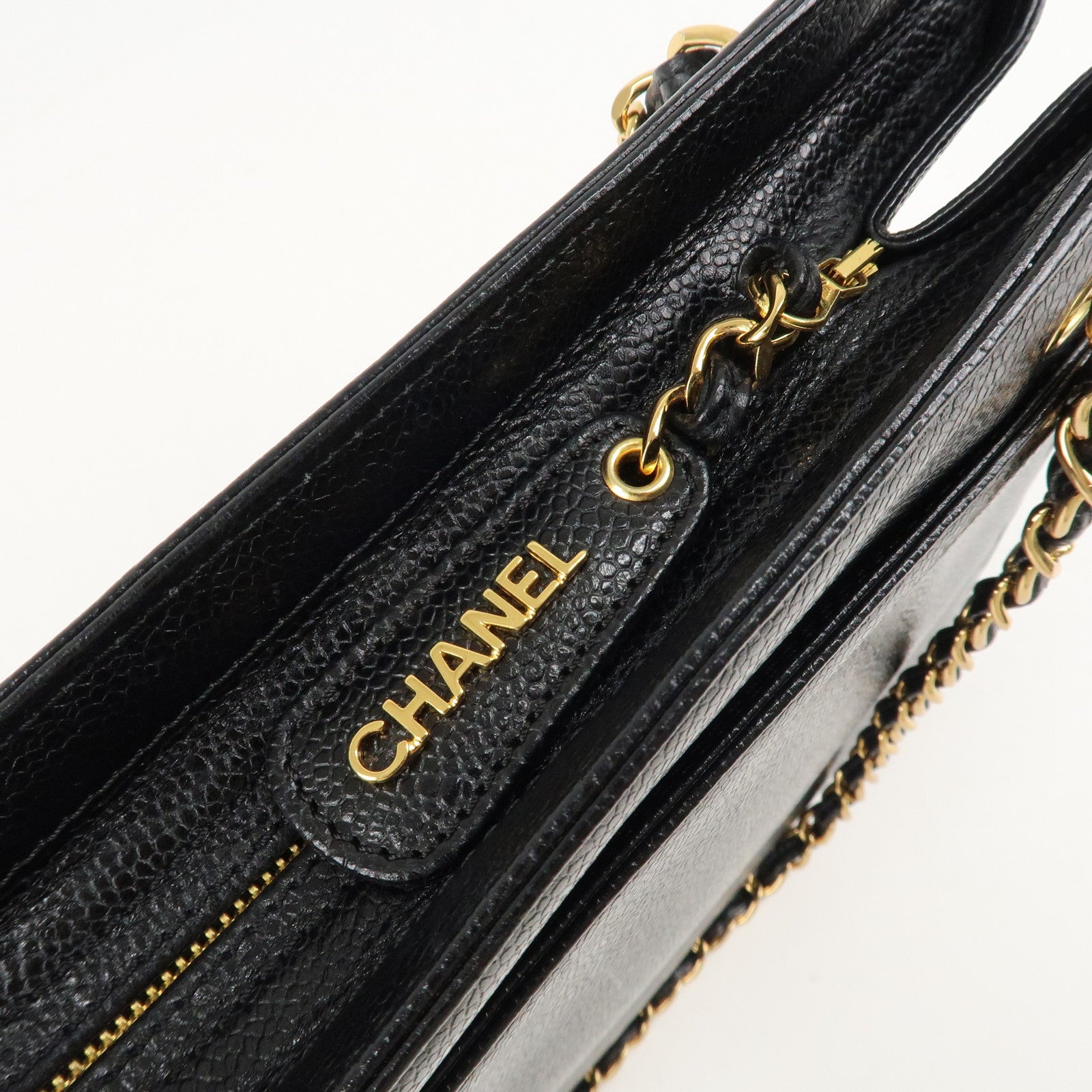 CHANEL COCO Mark Caviar Skin Chain Tote Bag Black Gold Used
