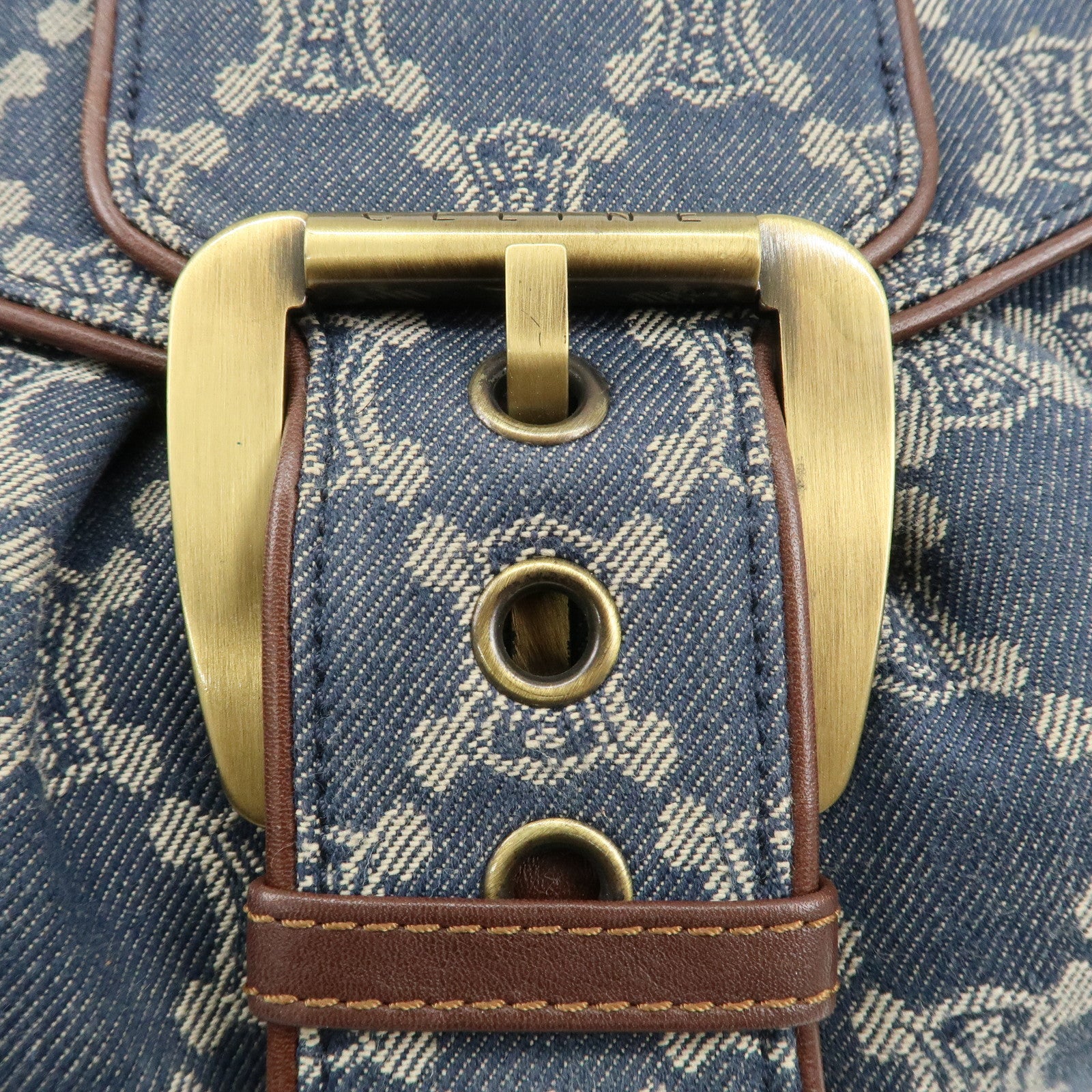 CELINE Macadam Denim Leather Shoulder Bag Blue Brown Used