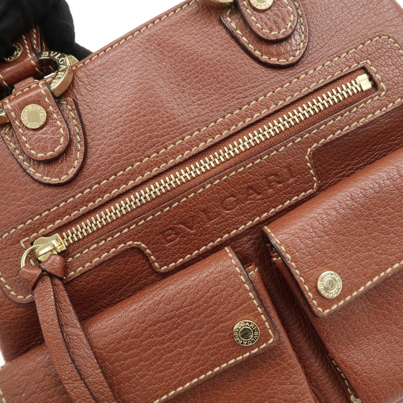 BVLGARI Leather Front Pocket Hand Bag Tote Bag Brown Used