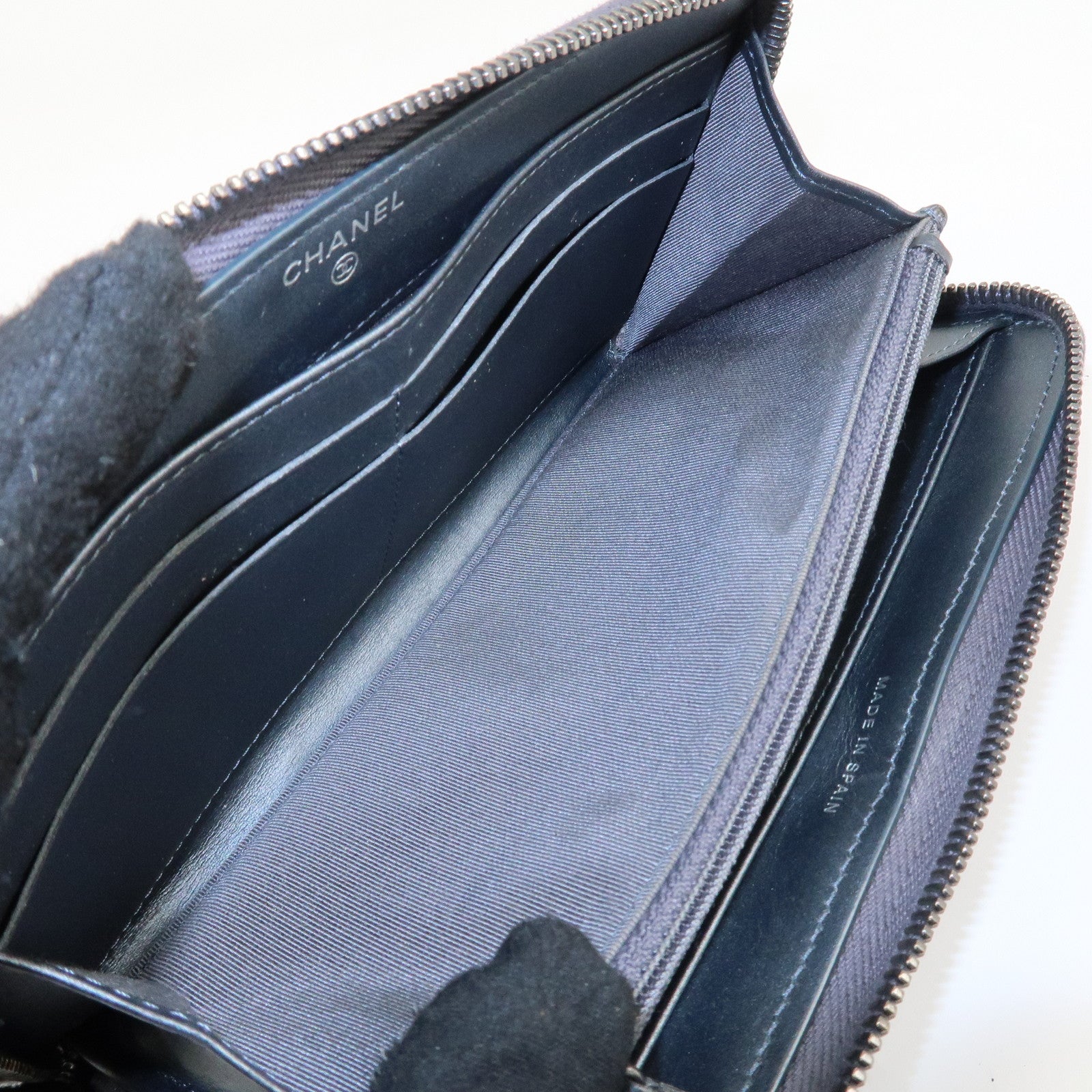 CHANEL Matelasse Caviar Skin Zip Around Long Wallet Metal Blue Used