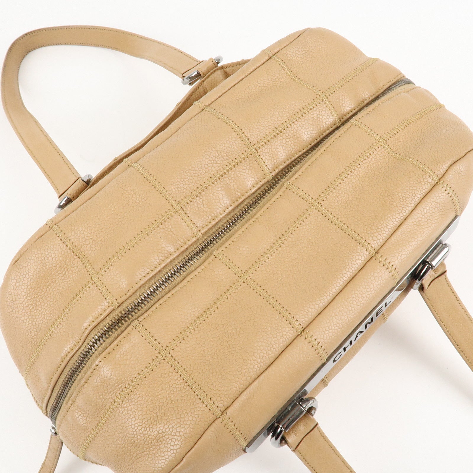 CHANEL Chocolate Bar Caviar Skin Mini Boston Bag Beige A26135 Used