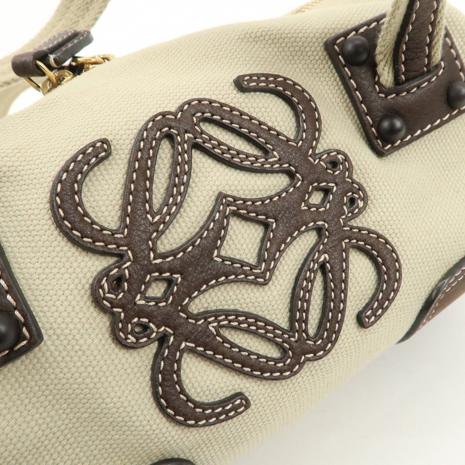 LOEWE Anagram Canvas Leather Mini Boston Bag Ivory Dark Brown Used