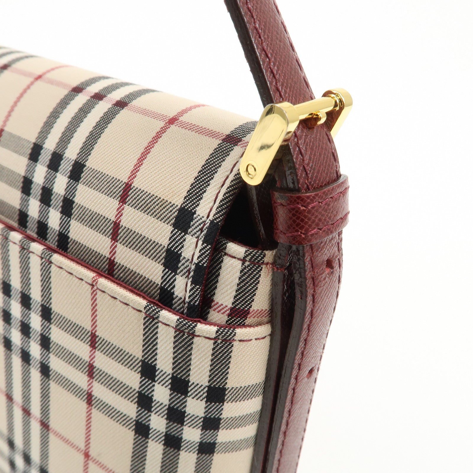 BURBERRY Canvas Leather Nova Plaid Shoulder Bag Hand Bag Bordeaux Used