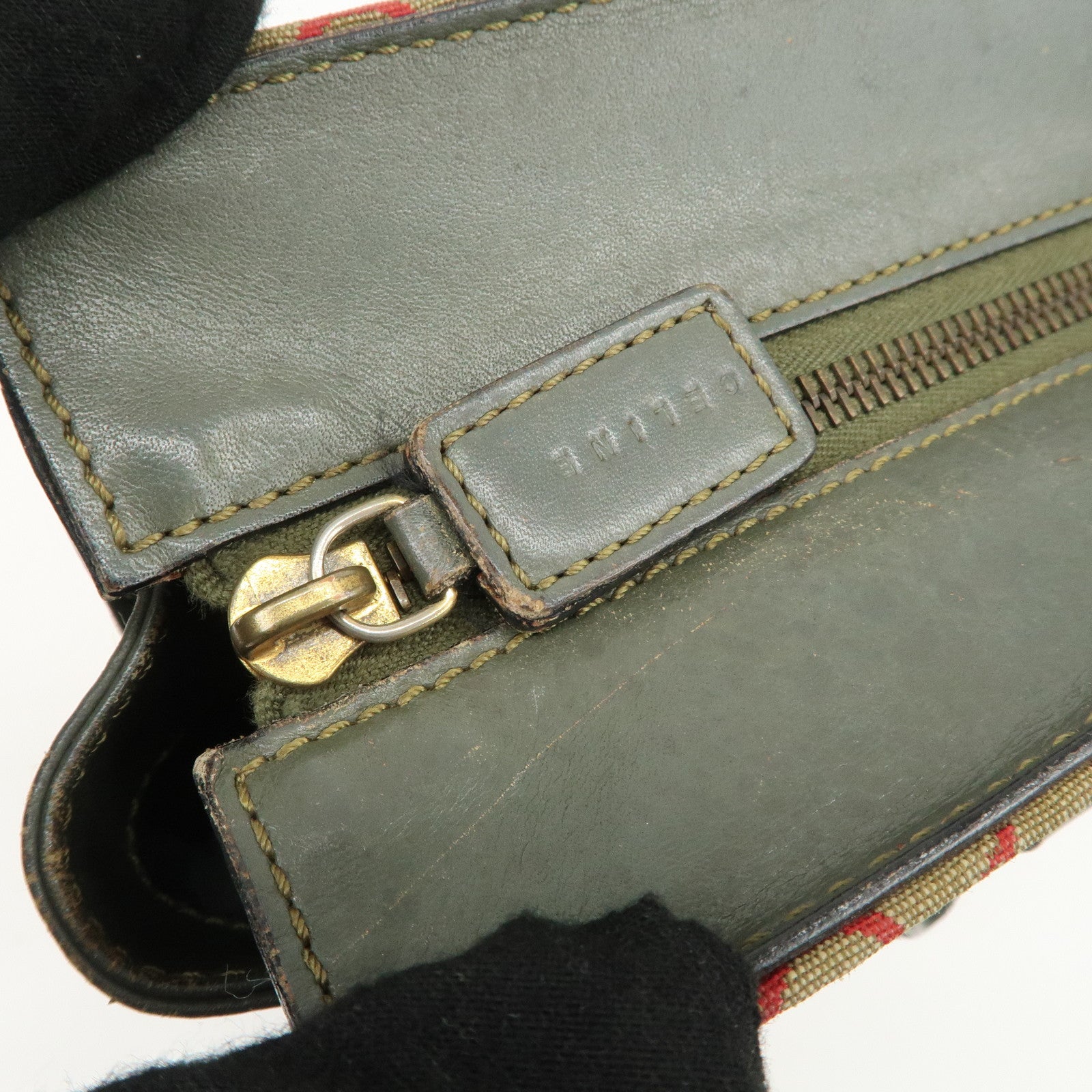 CELINE Macadam Canvas Hand Bag Brown Red Khaki Used