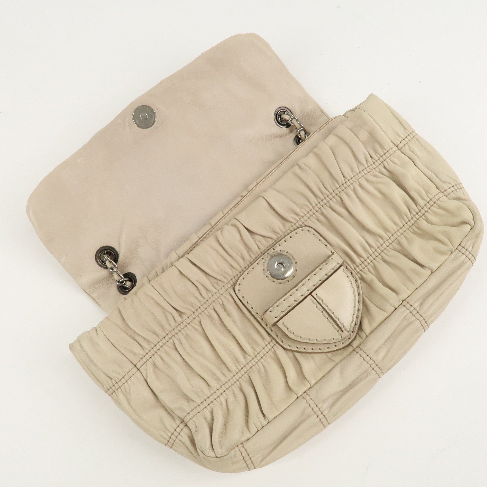 PRADA Leather Gathered Chain Shoulder Bag Ivory B4695C Used