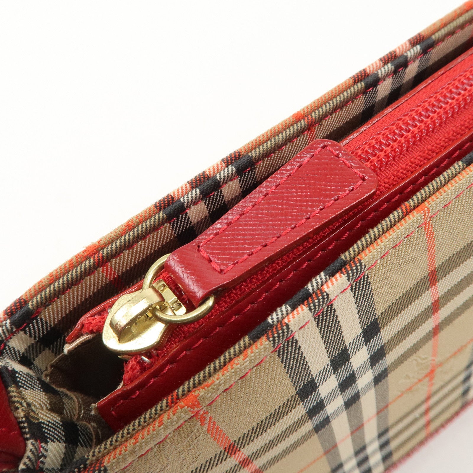 BURBERRY Nova Plaid Canvas Leather Shoulder Bag Hand Bag Red Used
