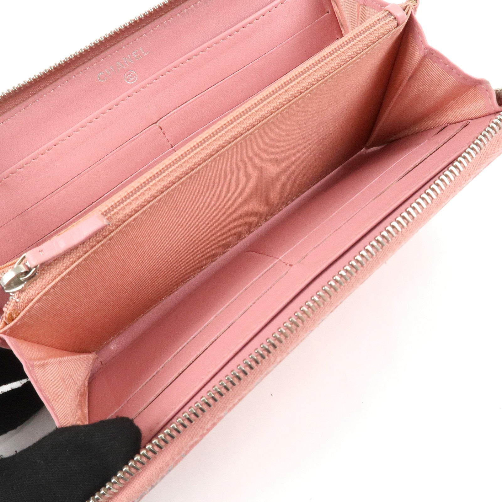 CHANEL Camellia Lamb Skin Long Zippy Wallet Pink A50085 Used