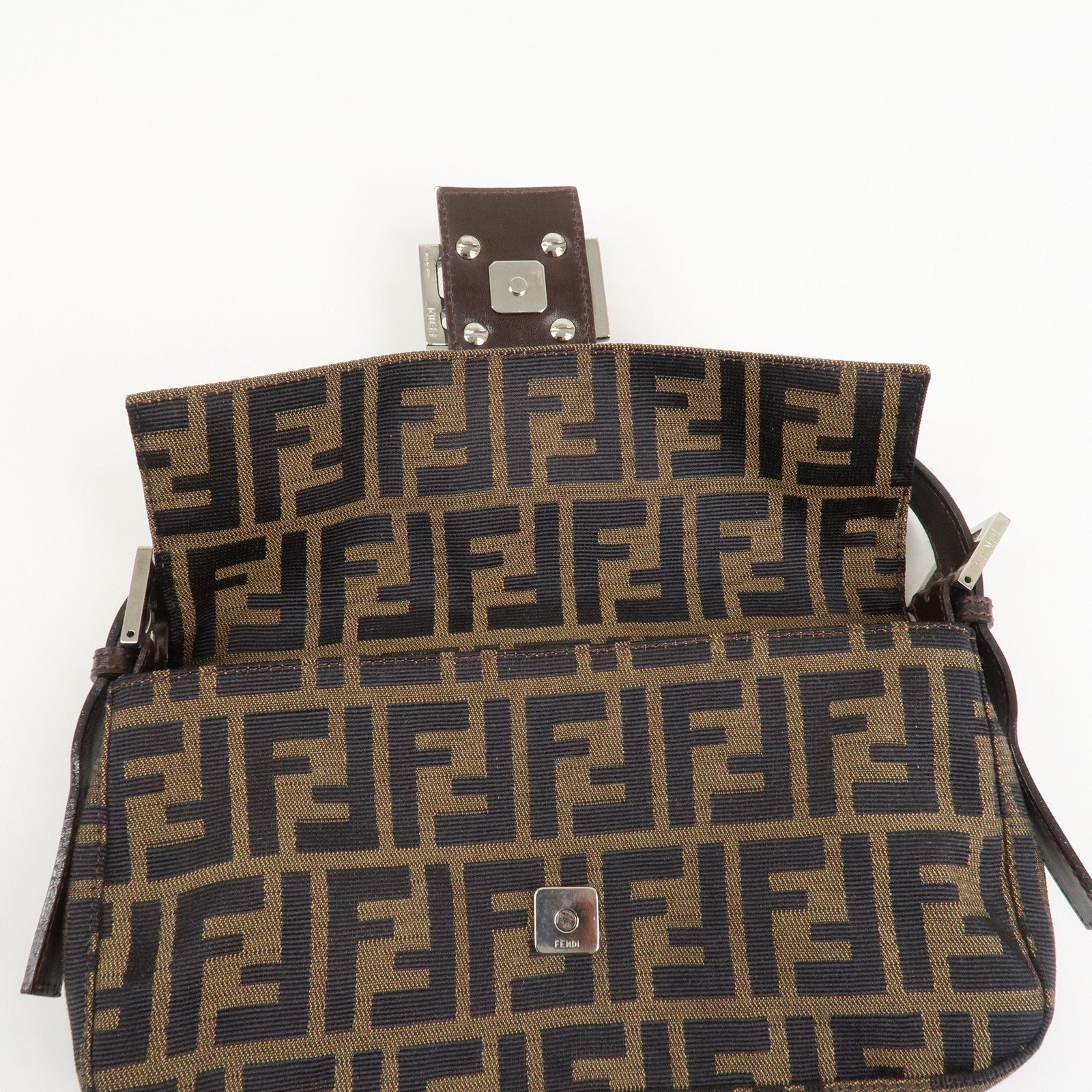 FENDI Mamma Baguette Zucca Canvas Shoulder Bag Brown Black 26424