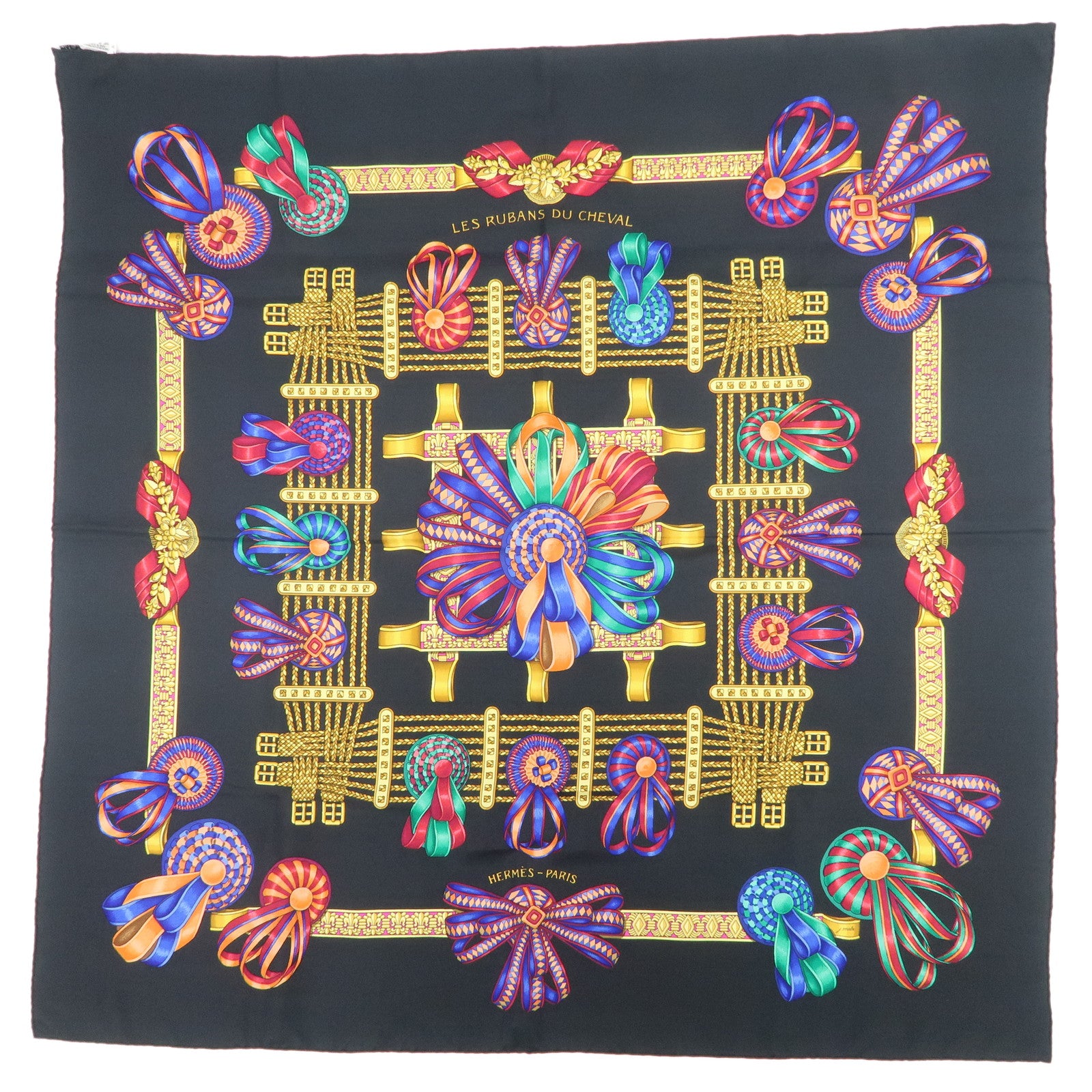 HERMES Carre 90 Silk 100% LES RUBANS DU CHEVAL Scarf Black