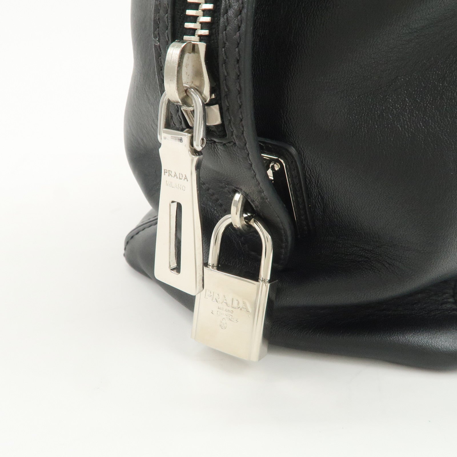 PRADA Triangle Logo Leather Boston Bag Shoulder Bag Black BR4998