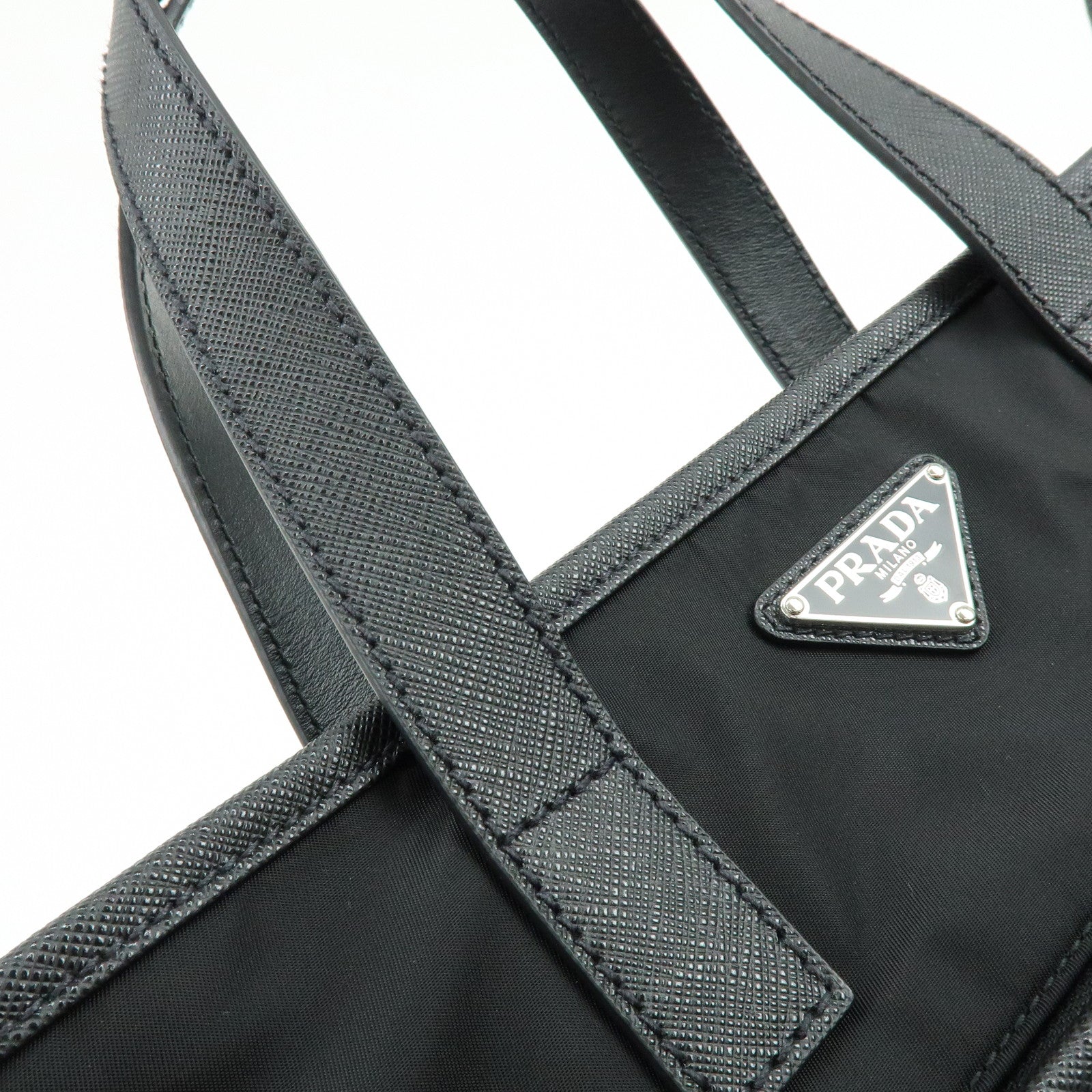 PRADA Triangle Logo Re-Nylon Saffiano Leather Tote Bag Black 2VG860