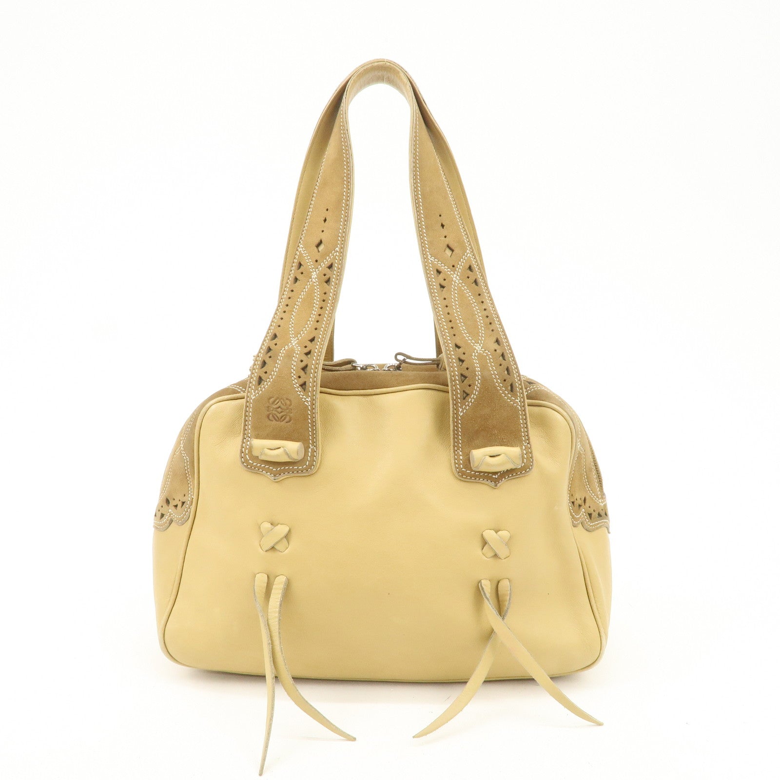 LOEWE Anagram Leather Suede Punching Boston Bag Beige Used