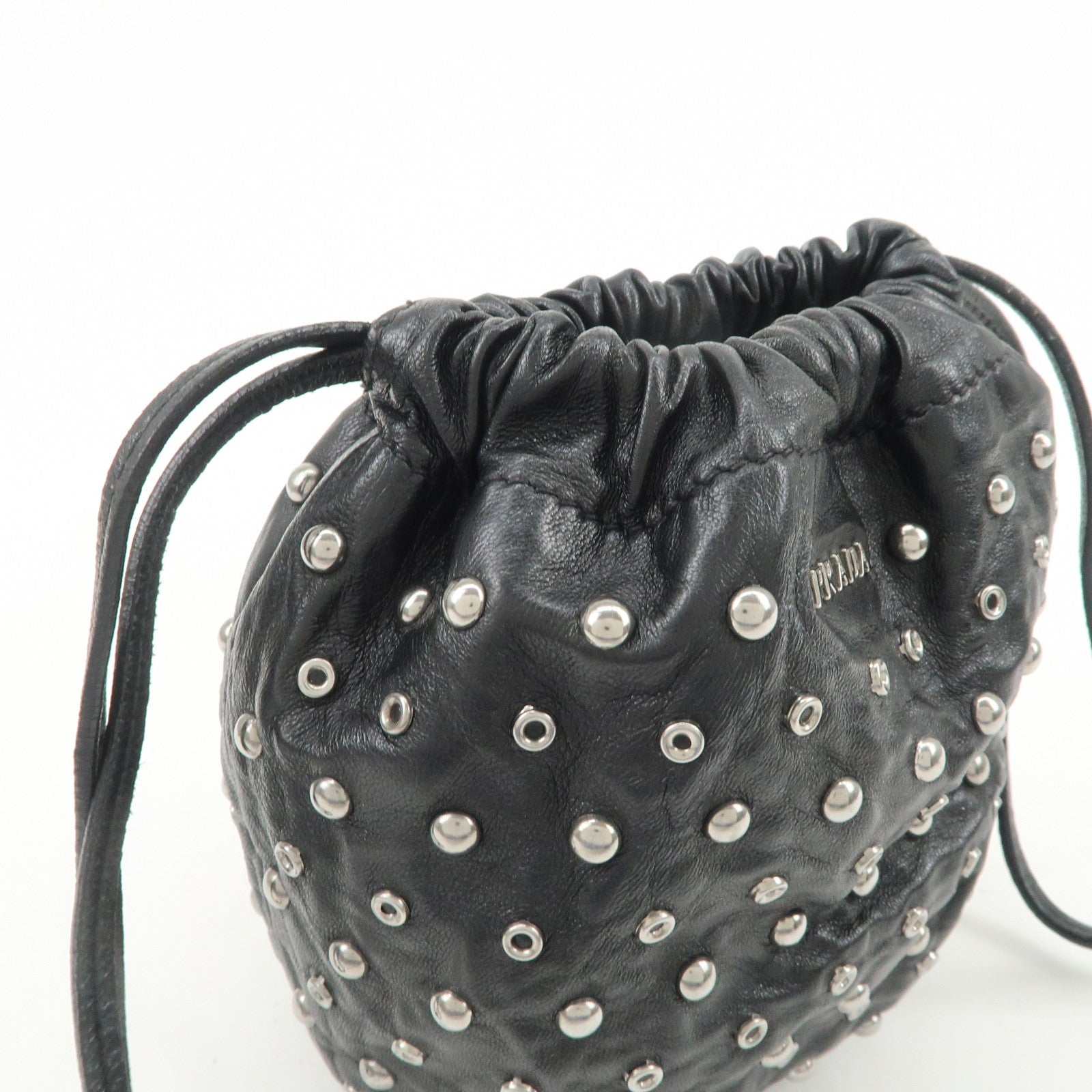 PRADA Studs Leather Drawstring Bag Cosmetic Pouch Black