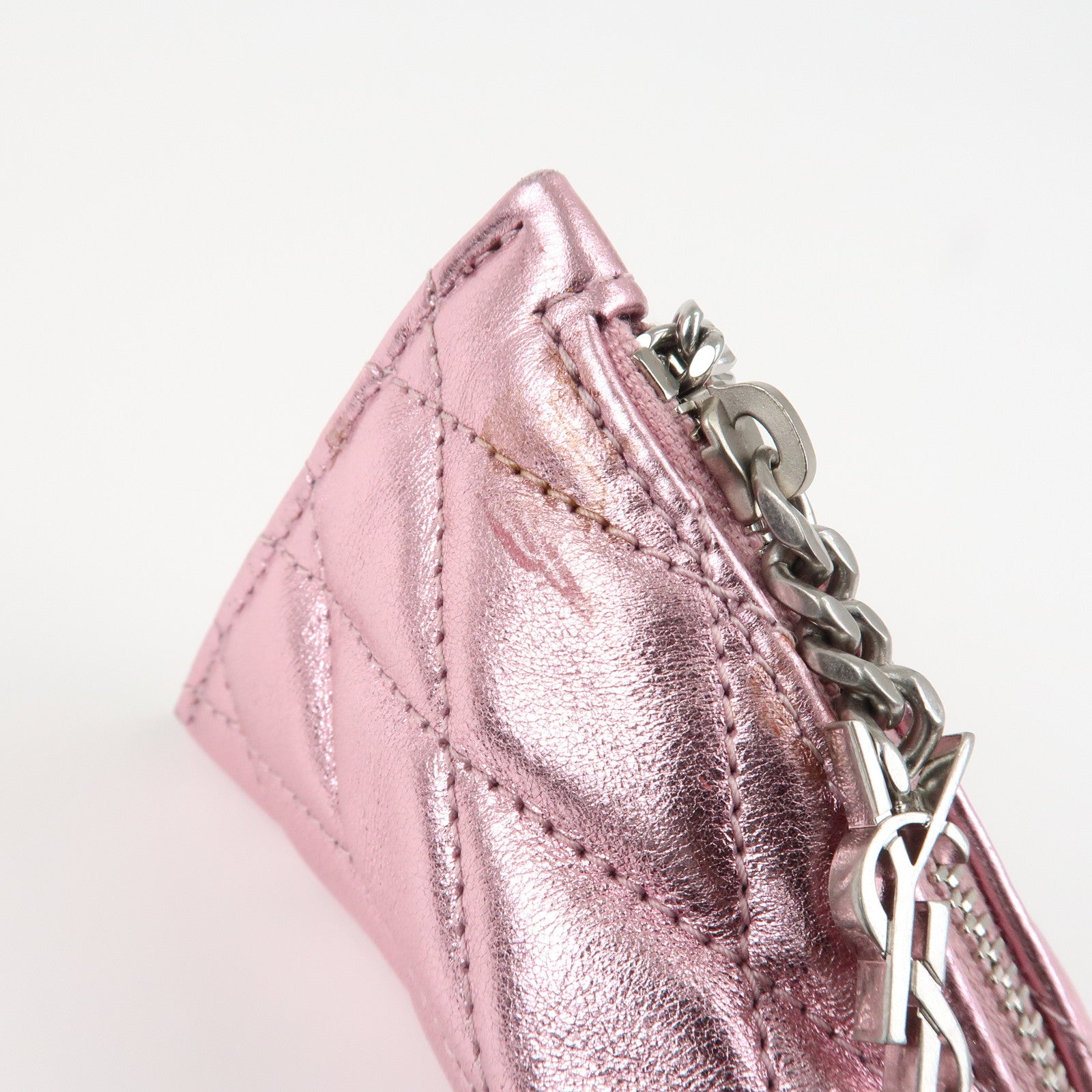 SAINT LAURENT PARIS Leather Coin Case Key Case Metallic Pink Used