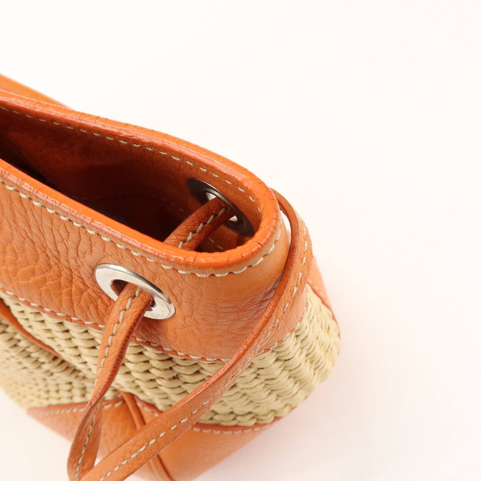 PRADA Triangle Logo Raffia Leather Shoulder Bag Natural Orange