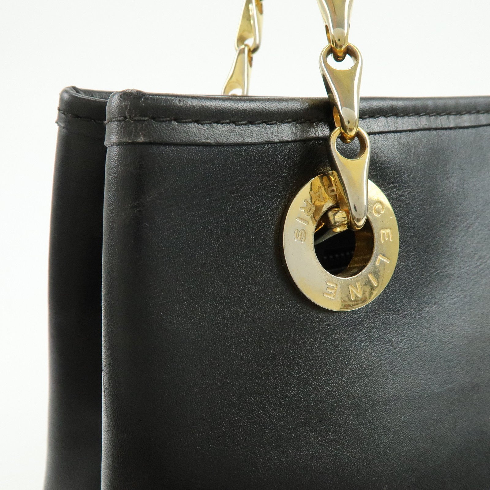 CELINE Leather Tote Bag Chain Shoulder Bag Black
