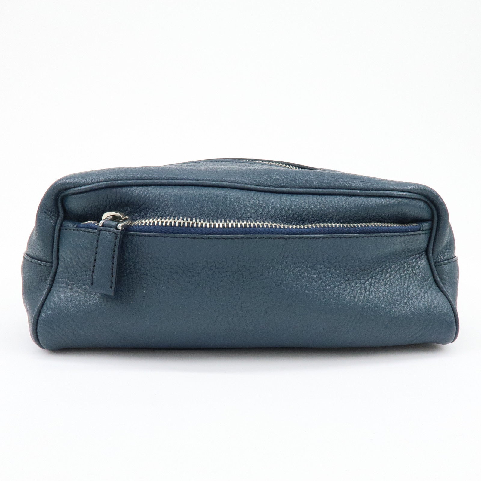 PRADA Triangle Logo Leather Cosmetic Pouch Accessory Pouch Navy