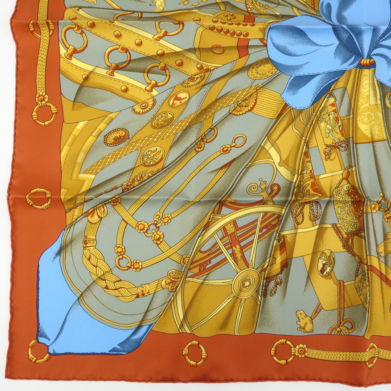 HERMES Carre 90 Silk 100% Soleil de Soie Scarf Gold Brown Blue