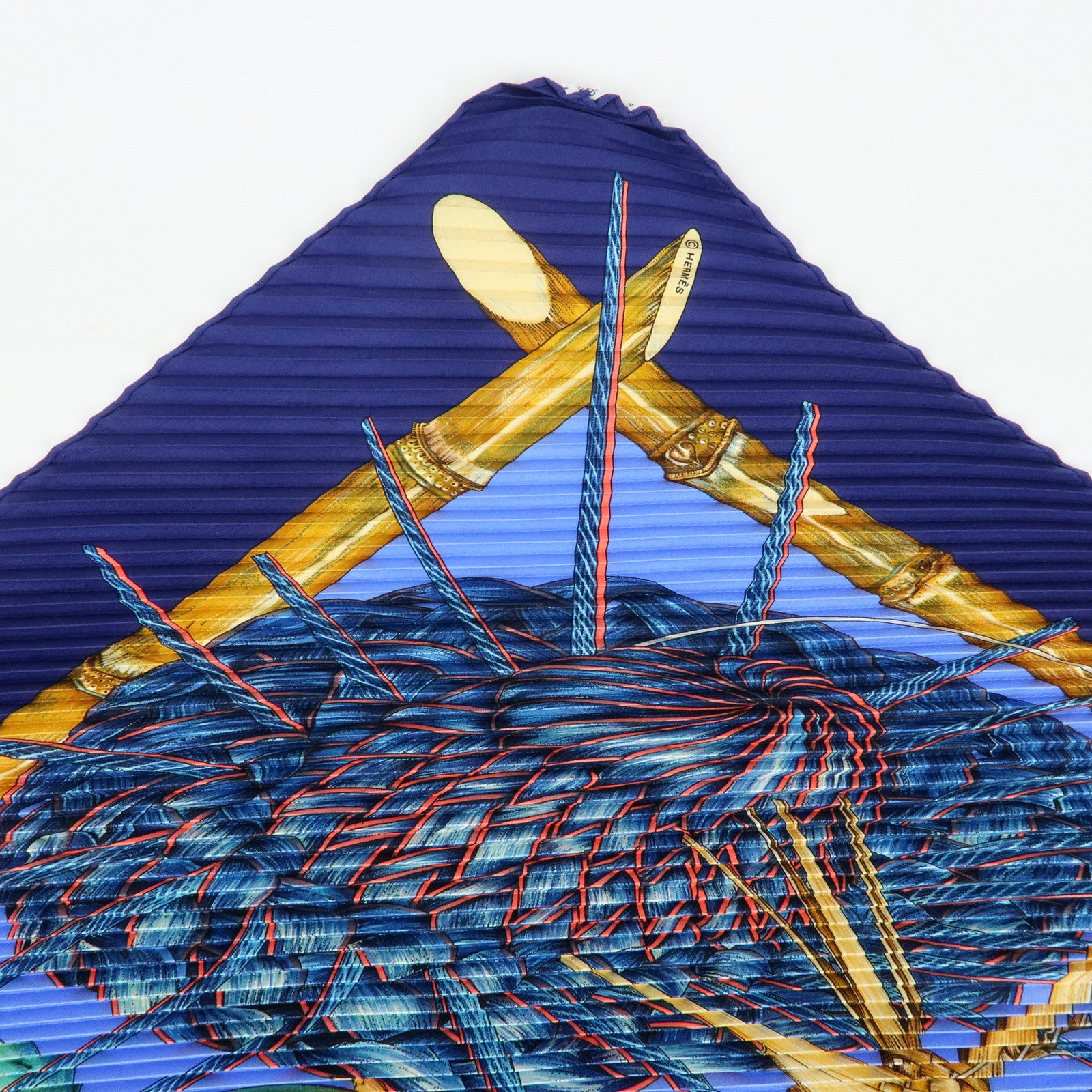 HERMES Pleated Carre 90 Silk 100% Scarf Jardin Creole Navy