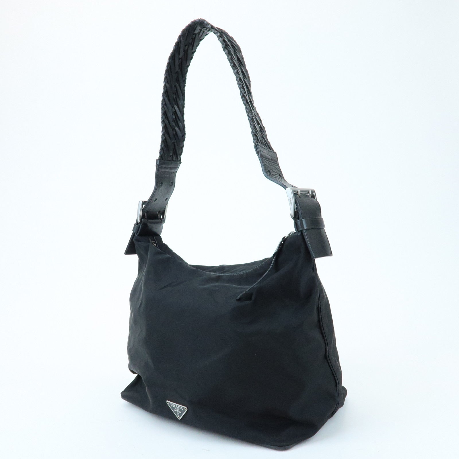 PRADA Triangle Logo Nylon Leather Shoulder Bag Black BR0575