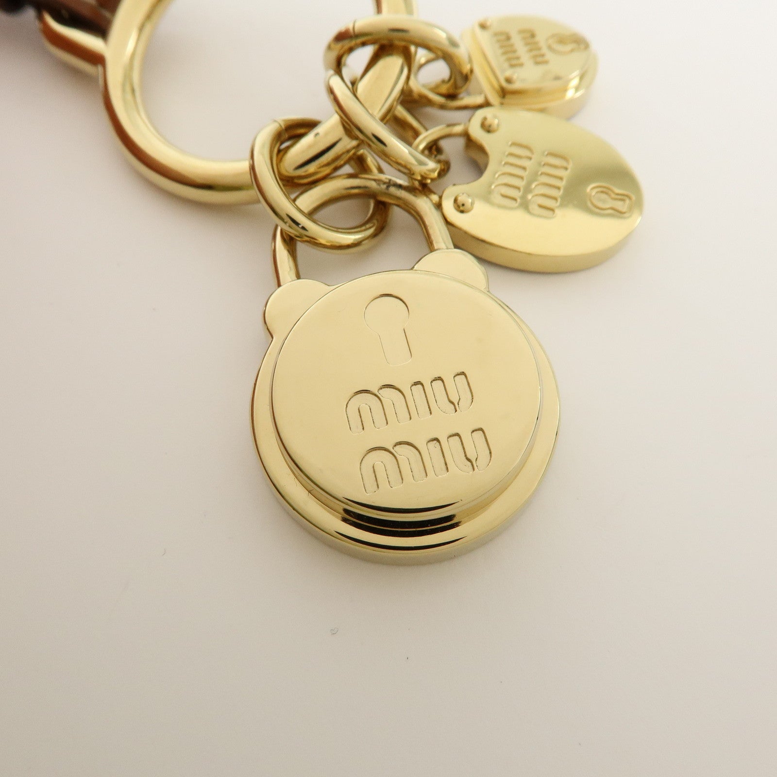 MIU MIU Leather Bag Charm Key Chain Brown Gold 5IC182
