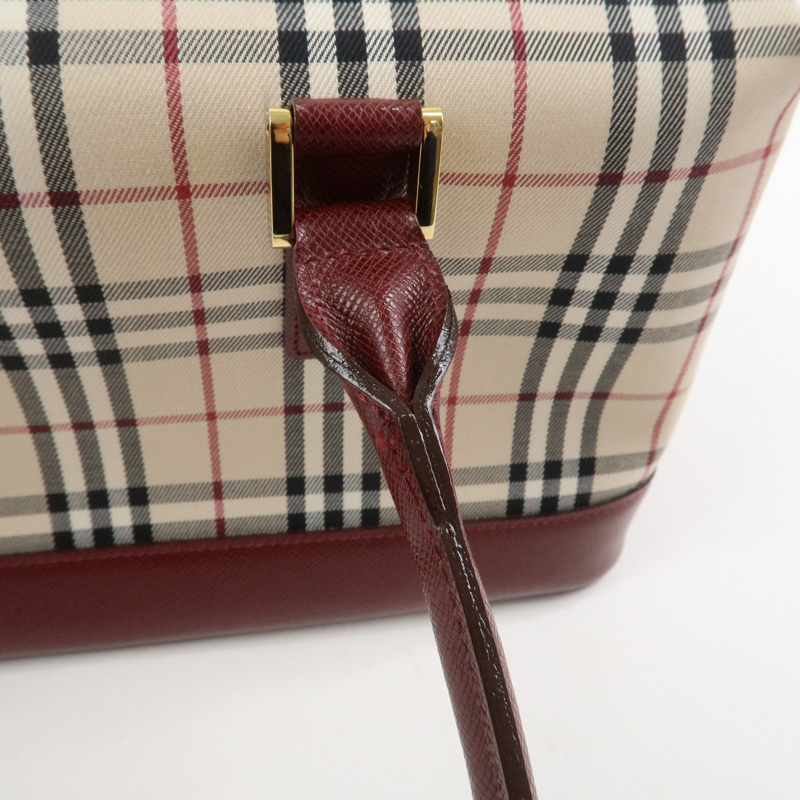 BURBERRY Nova Plaid Canvas Leather Shoulder Hand Bag Beige Bordeaux