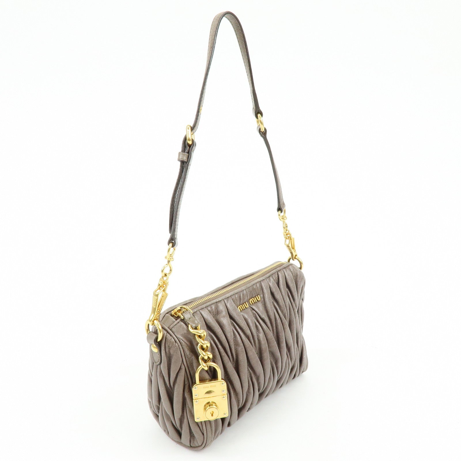 MIU MIU Matelasse Gathered Leather Shoulder Bag Hand Bag Gray