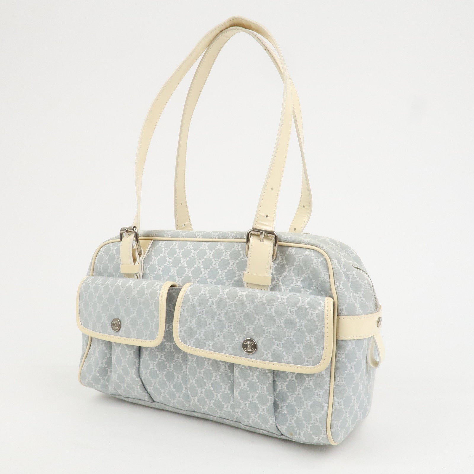 CELINE Macadam Canvas Leather Shoulder Bag Hand Bag Blue Ivory