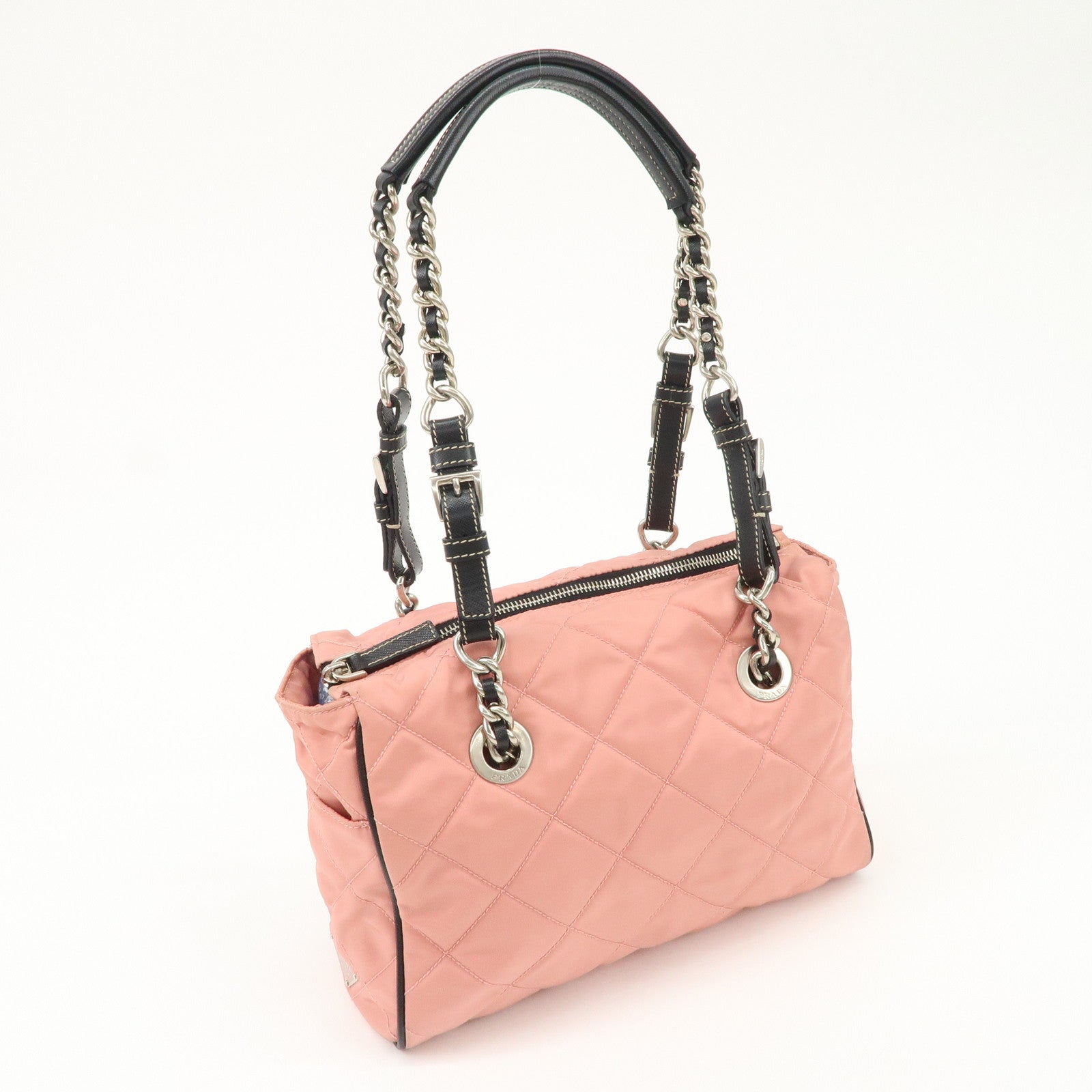 PRADA Triangle Logo Leather Nylon Shoulder Bag Tote Bag Pink BR2236 Used