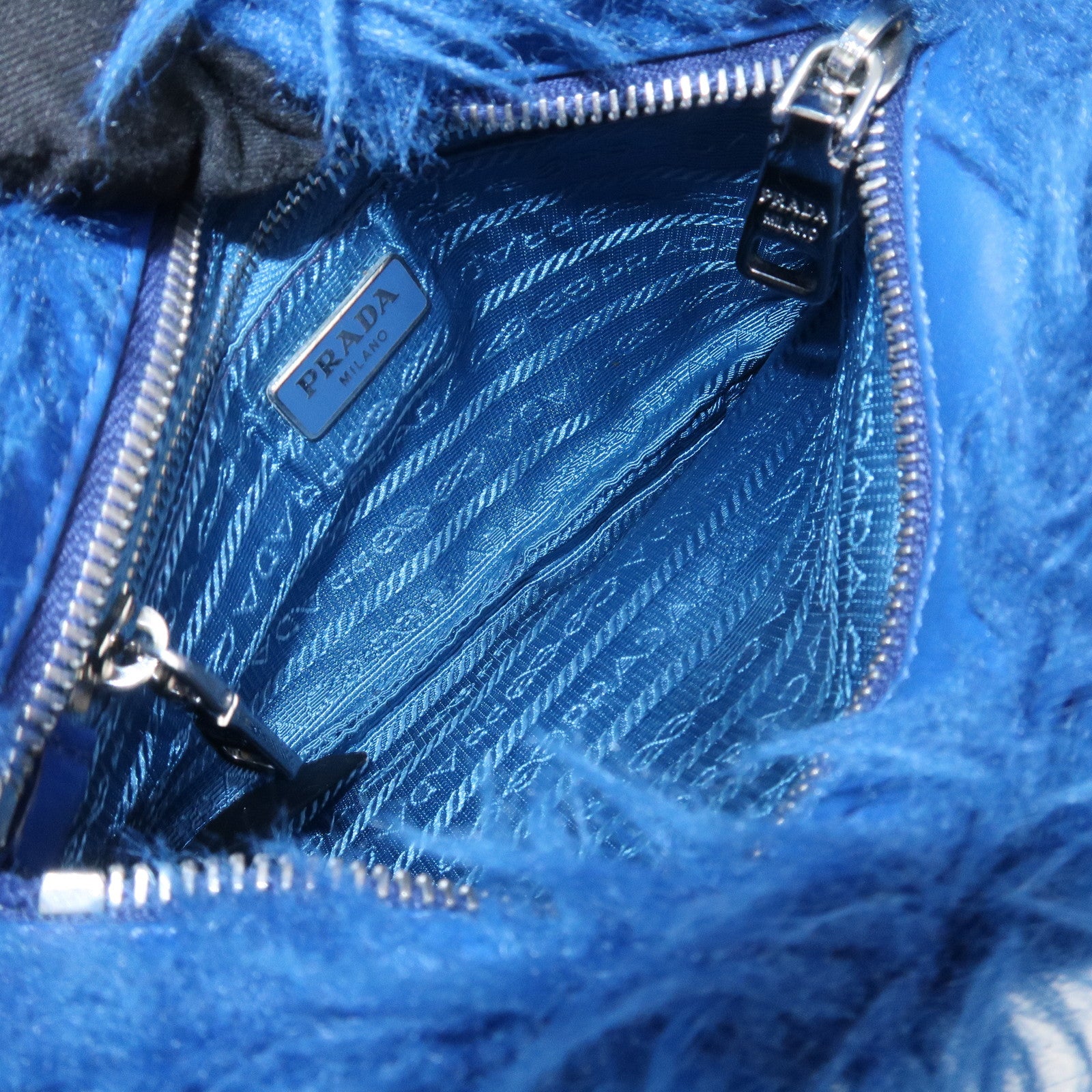 PRADA Triangle Logo Faux Fur Clutch Bag Flat Pouch Blue 1N1530