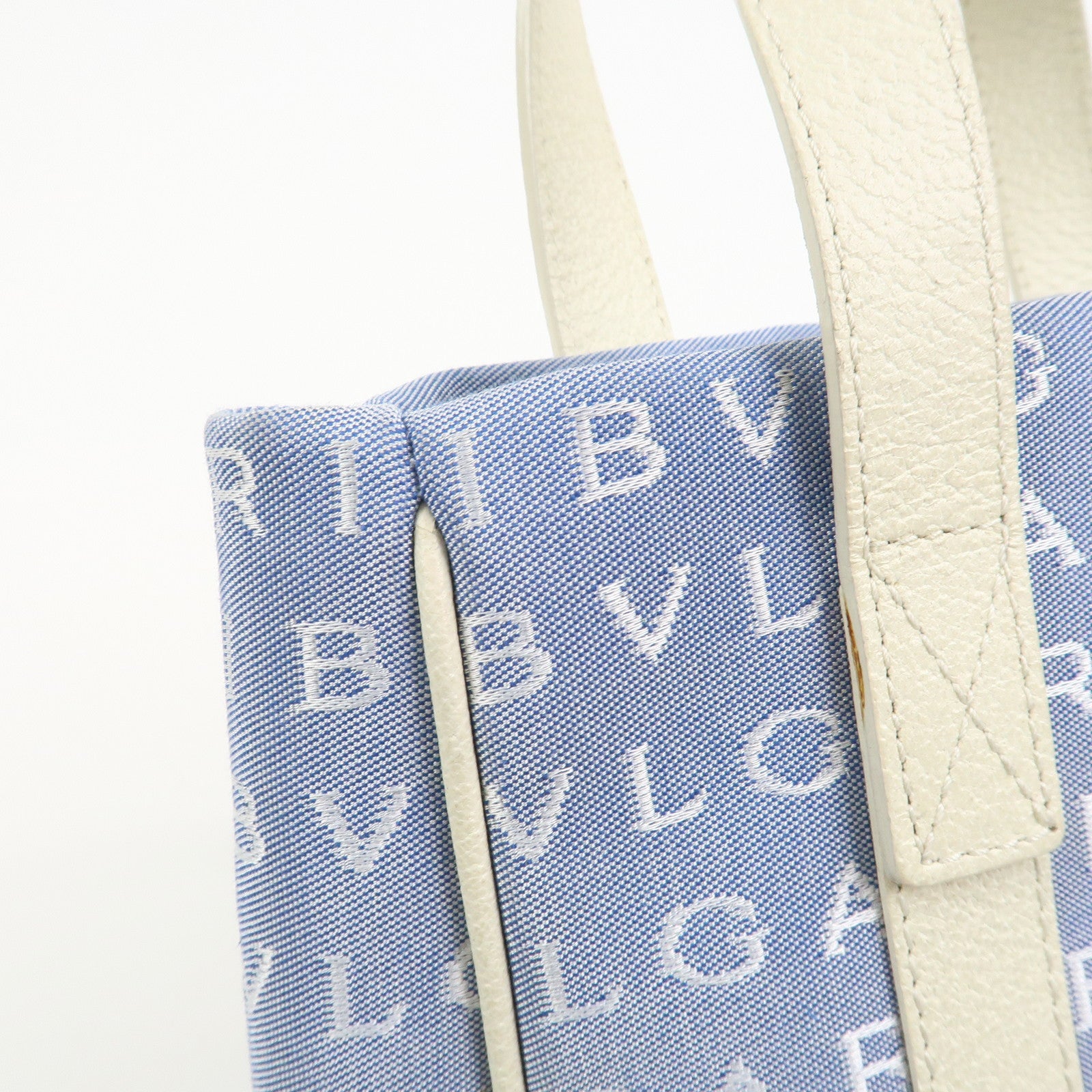 BVLGARI Logo Mania Canvas Leather Tote Bag Hand Bag Light Blue