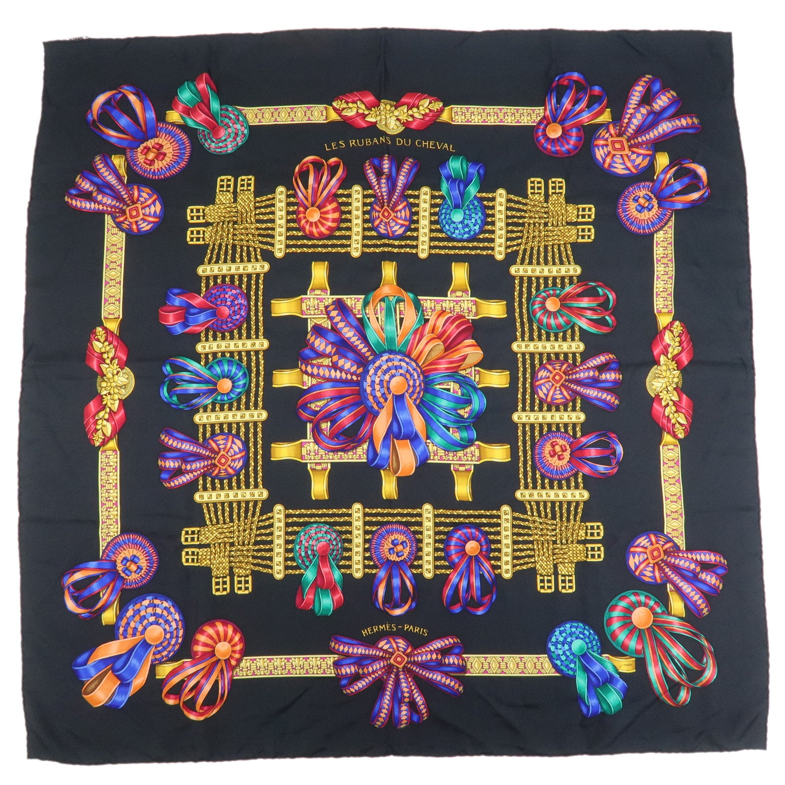 Hermes Carre 90 Silk 100% Scarf LES RUBANS DU CHEVAL Black