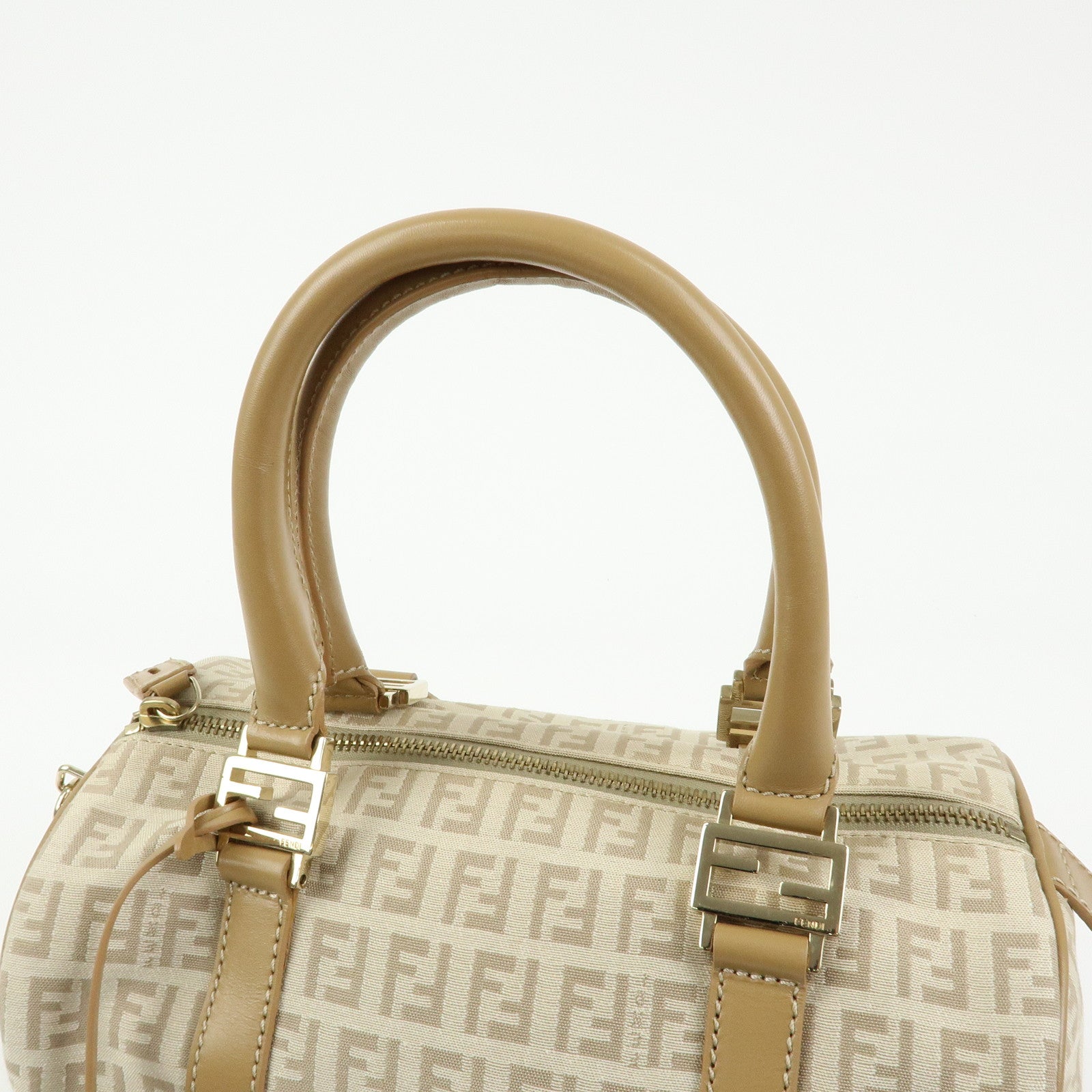 FENDI Zucchino Canvas Leather Boston Bag Hand Bag Beige 8BL068